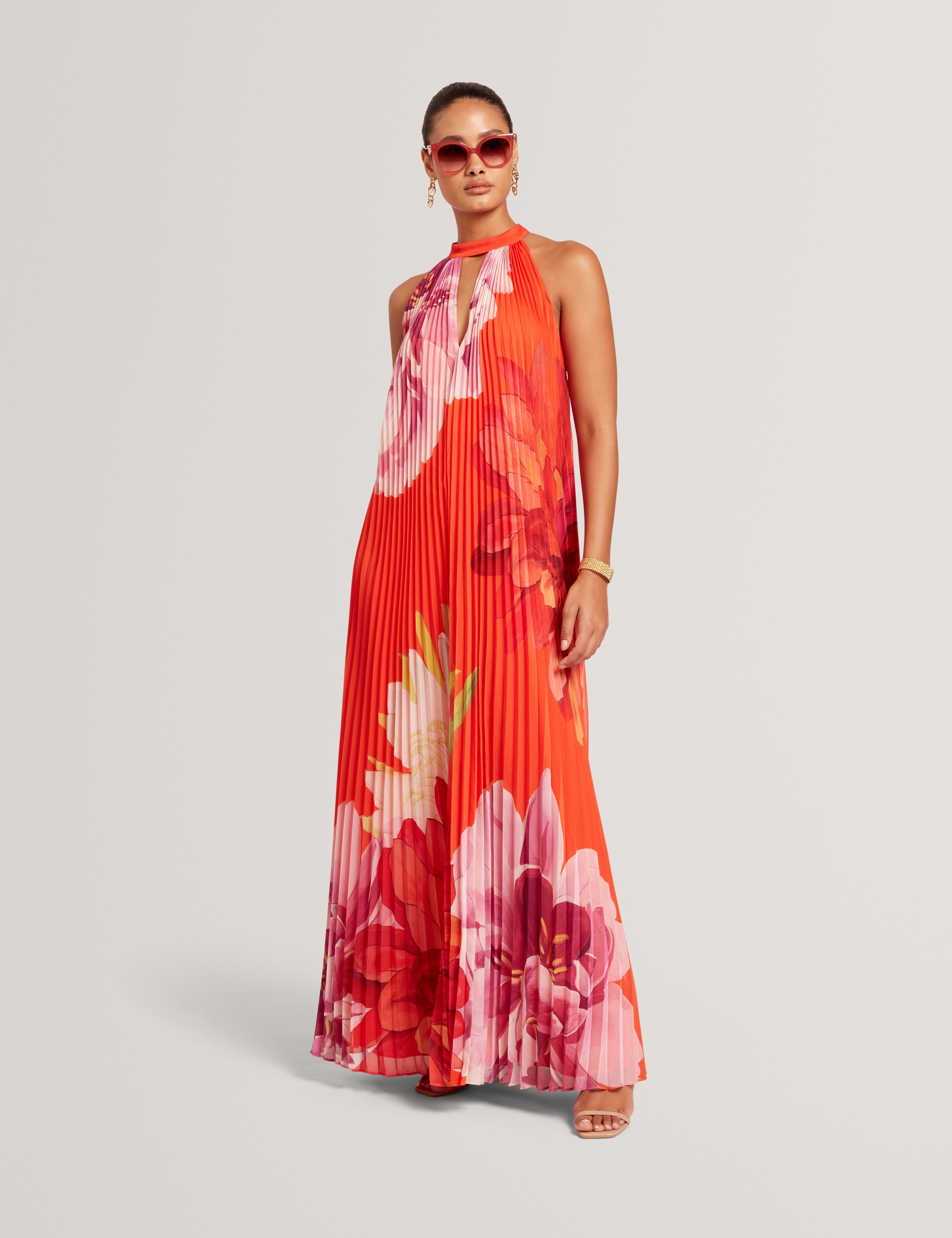 Materva Printed Halter Neck Pleated Maxi Dress Orange