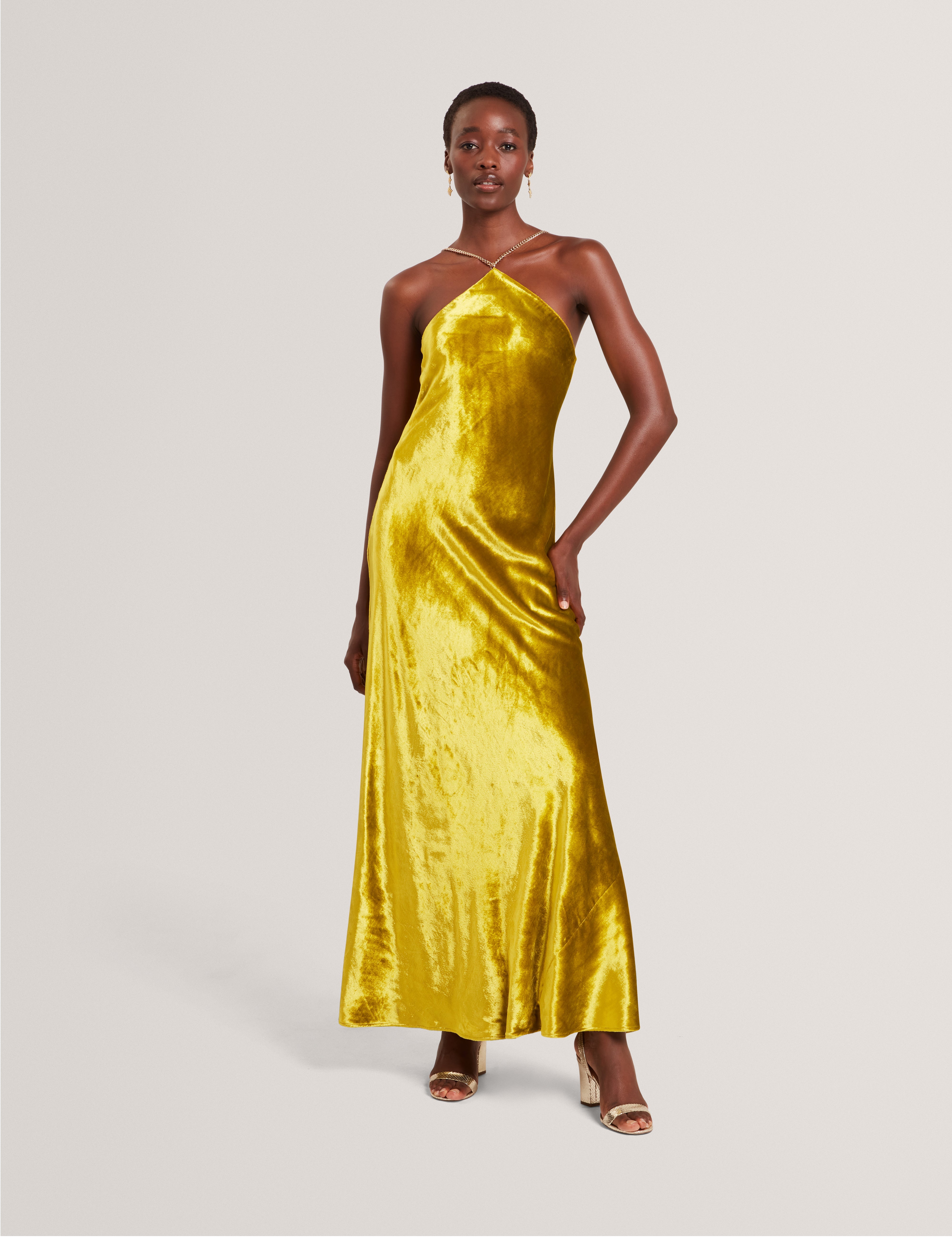 Jordya Velvet Halter Neck Maxi Dress Gold Jordya Velvet Halter Neck Maxi Dress Gold