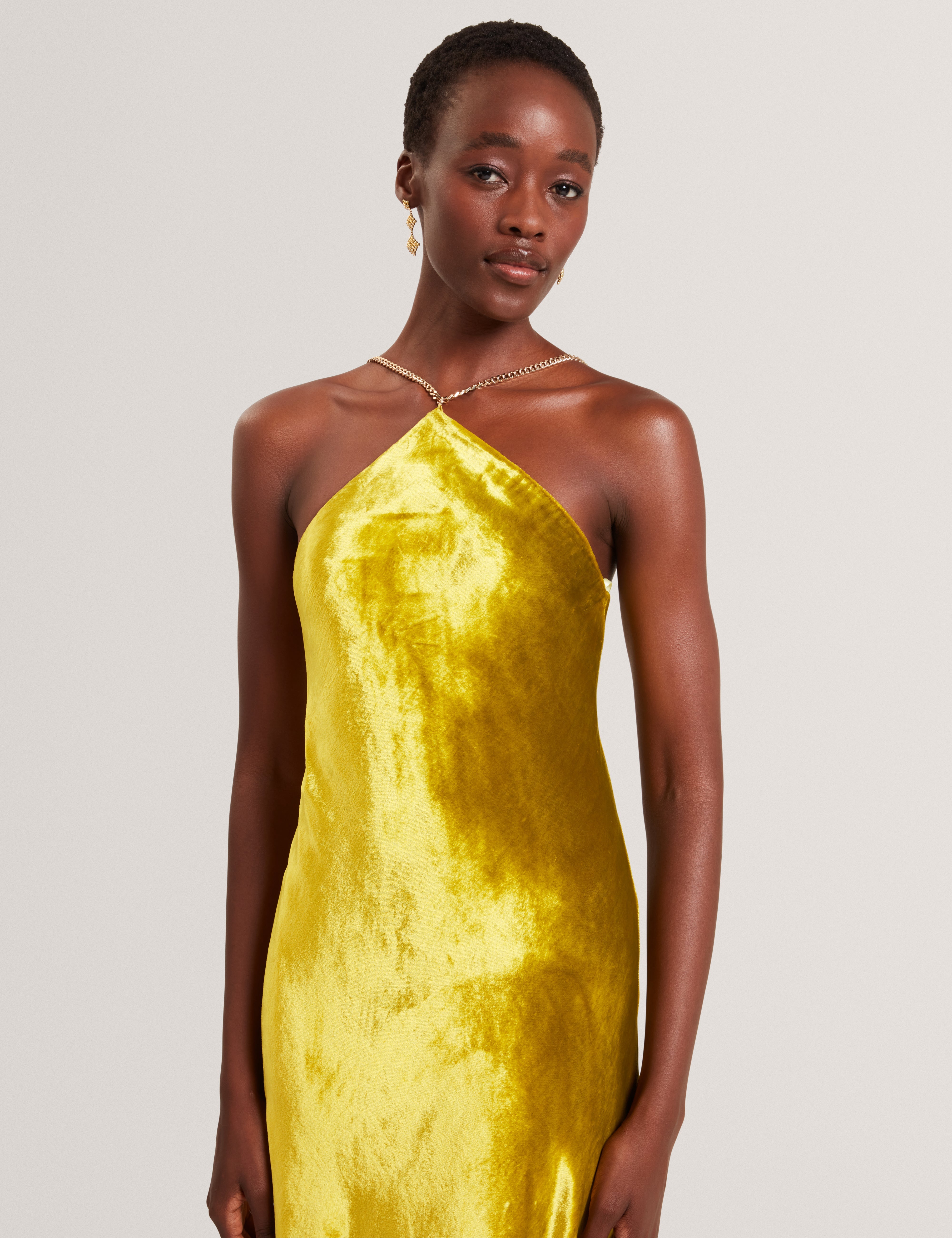 Jordya Velvet Halter Neck Maxi Dress Gold Jordya Velvet Halter Neck Maxi Dress Gold