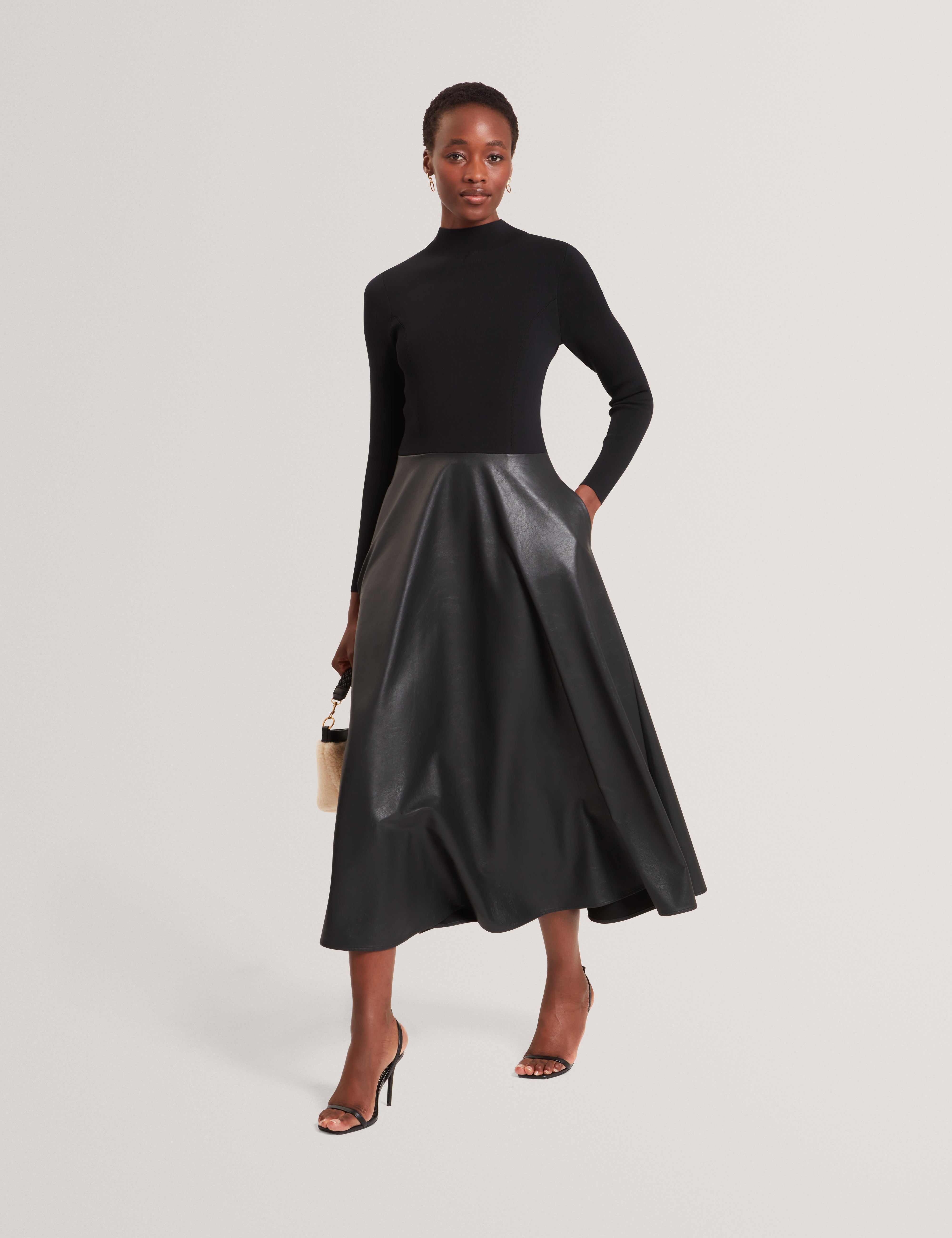 Noviva Midi Dress With Faux Leather Skirt Black Noviva Midi Dress With Faux Leather Skirt Black