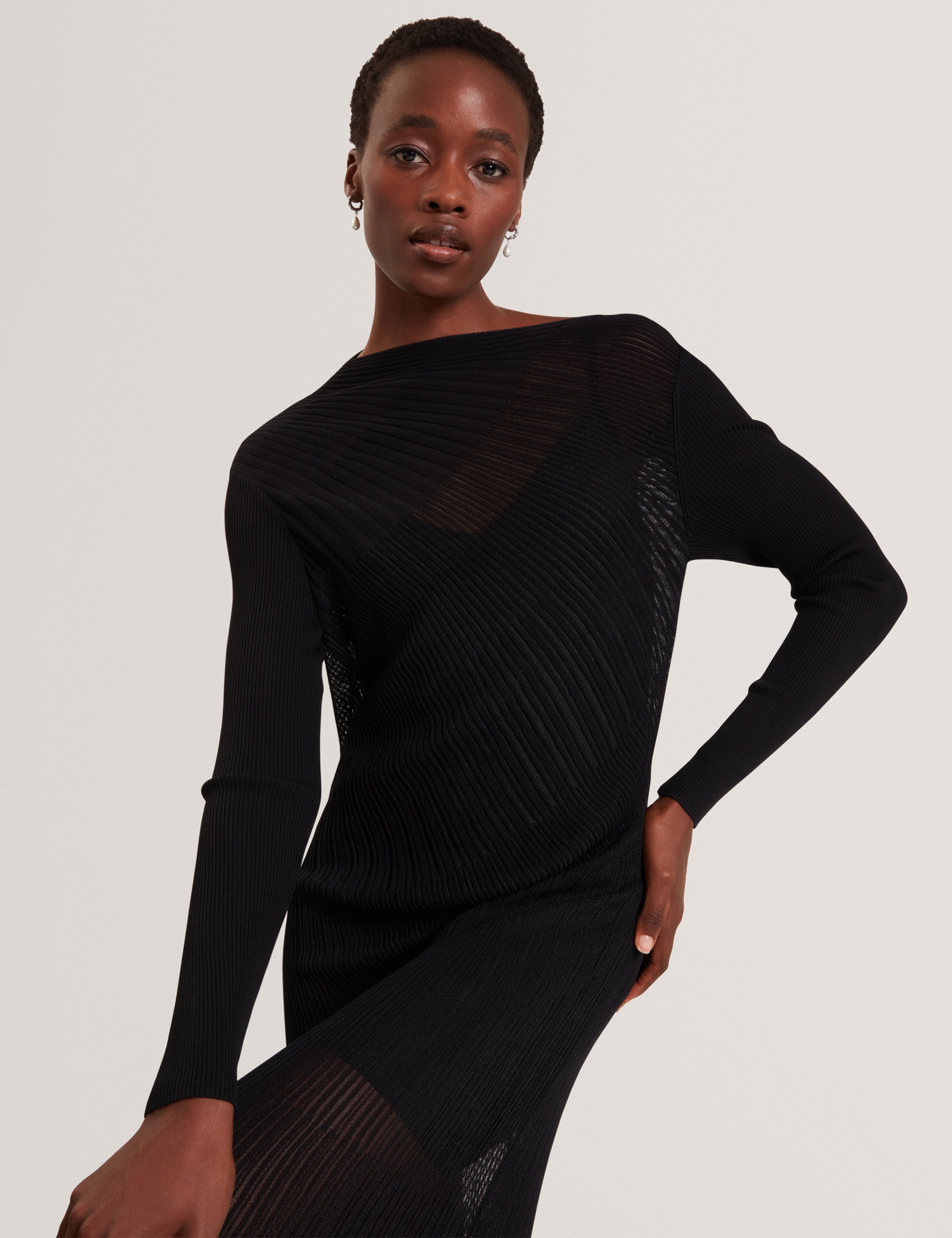 Occasa Long Sleeve Sheer Detail Knitted Midi Dress Black Occasa Long Sleeve Sheer Detail Knitted Midi Dress Black