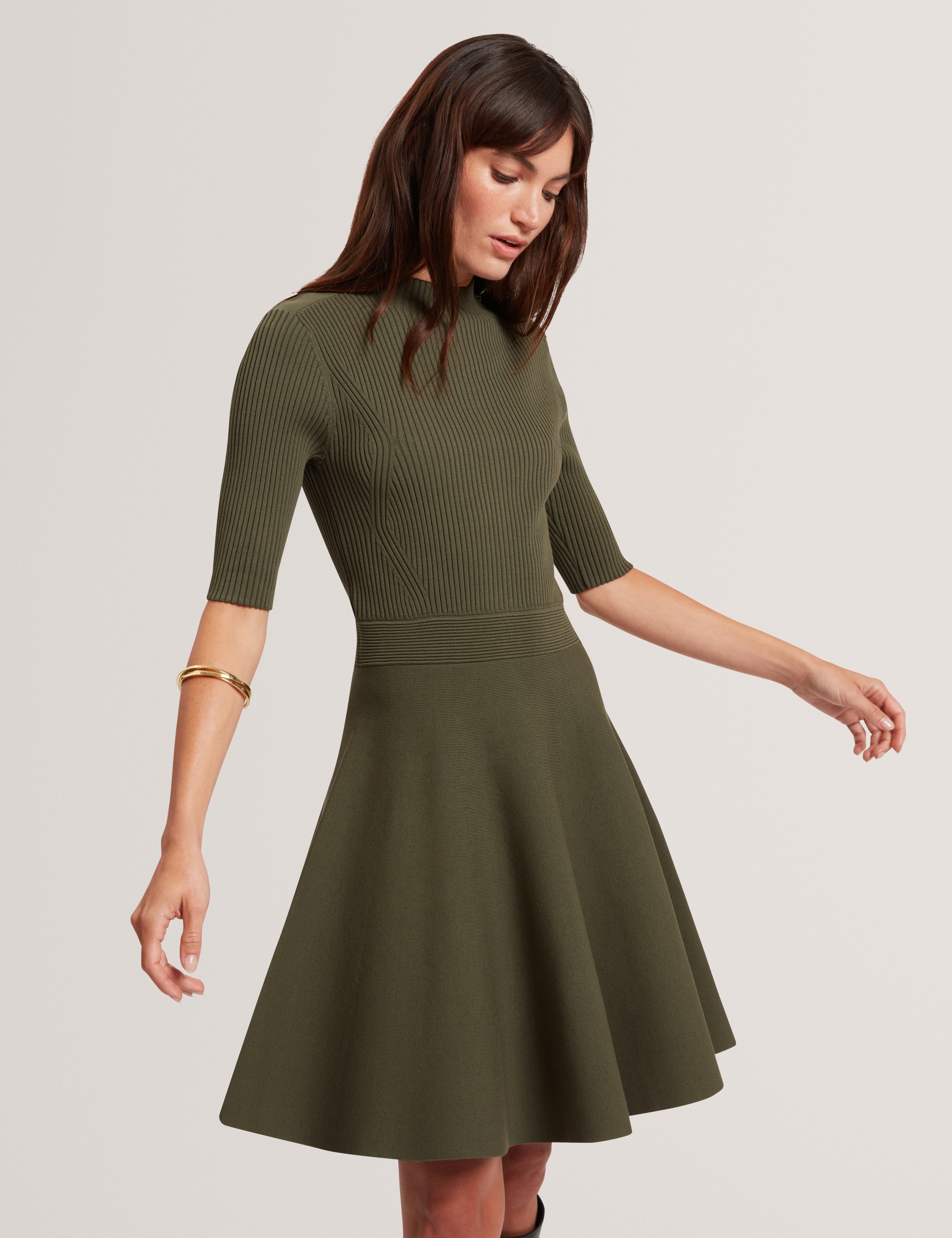 Lilano Ribbed Knit Button Detail Skater Dress Dk-Green Lilano Ribbed Knit Button Detail Skater Dress Dk-Green