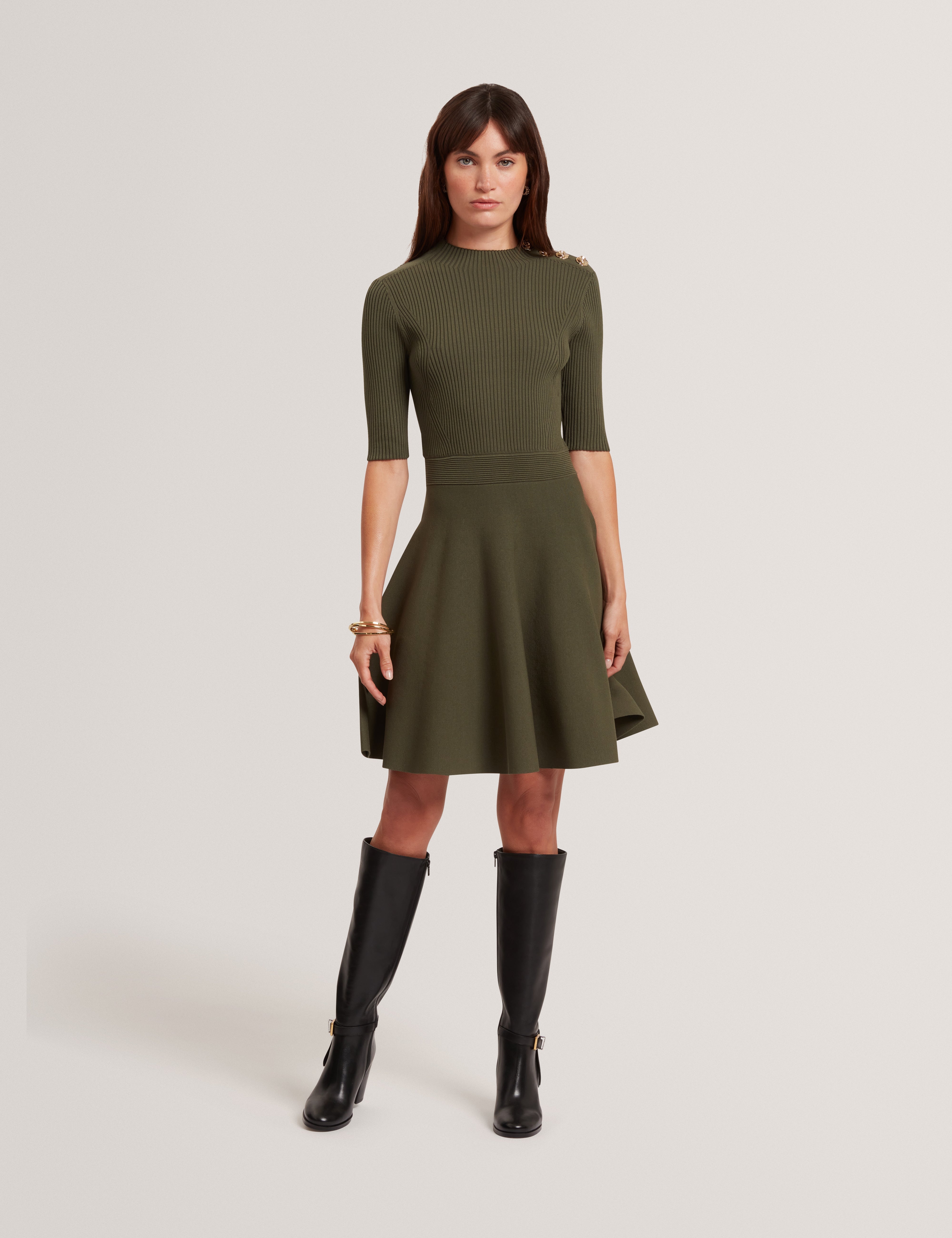 Lilano Ribbed Knit Button Detail Skater Dress Dk-Green Lilano Ribbed Knit Button Detail Skater Dress Dk-Green