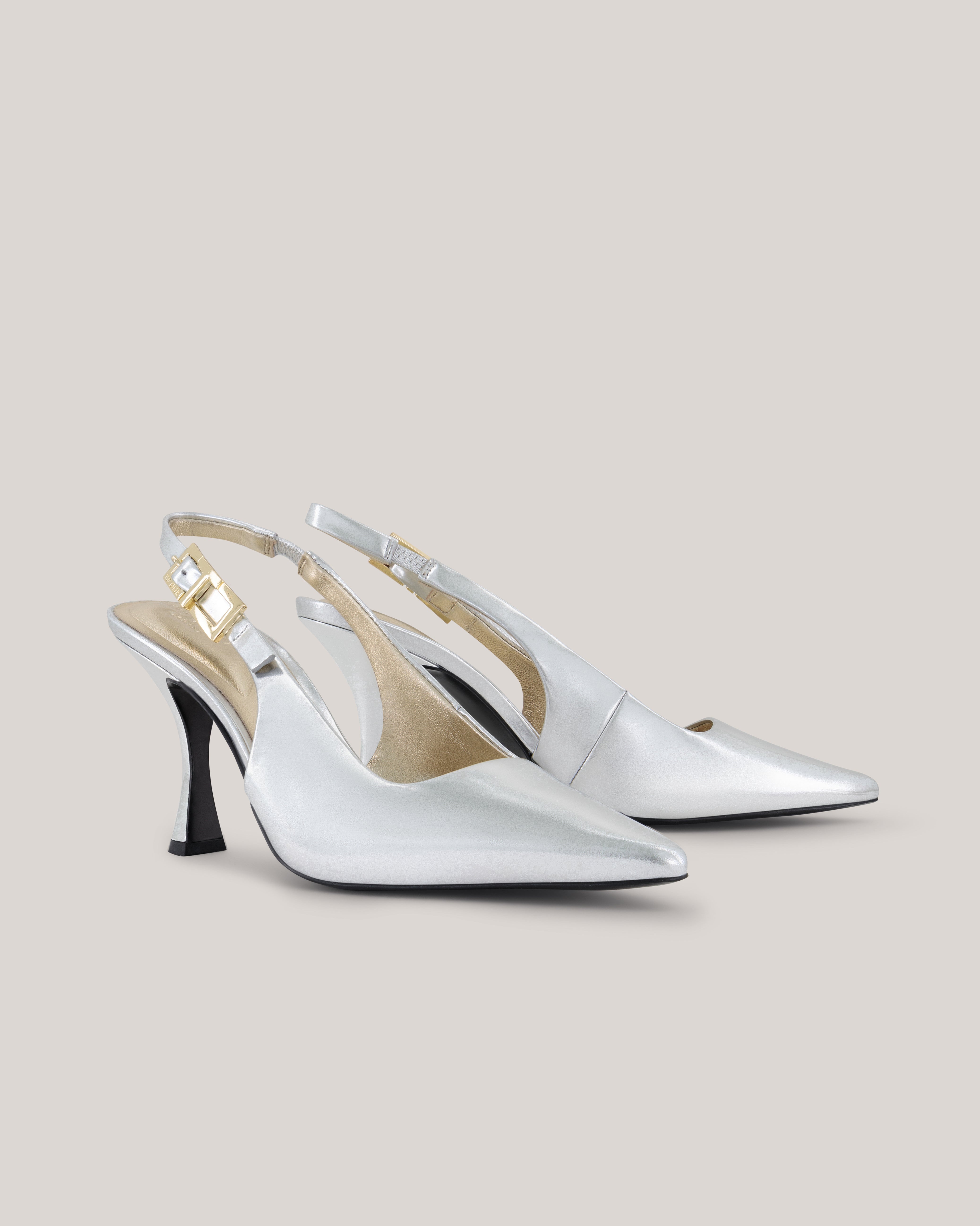 Lolaaaa Smooth Leather T Buckle Heel Silver