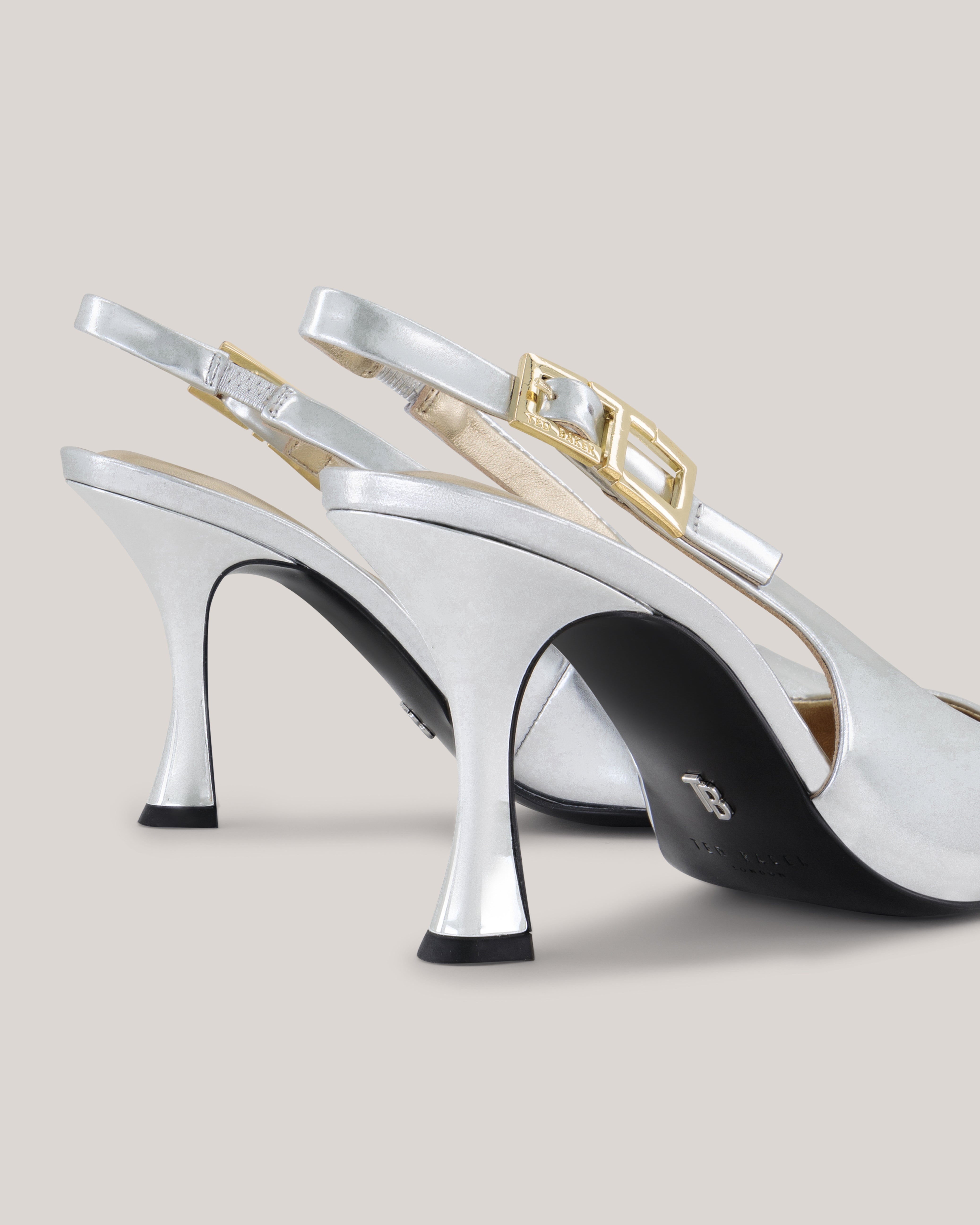 Lolaaaa Smooth Leather T Buckle Heel Silver