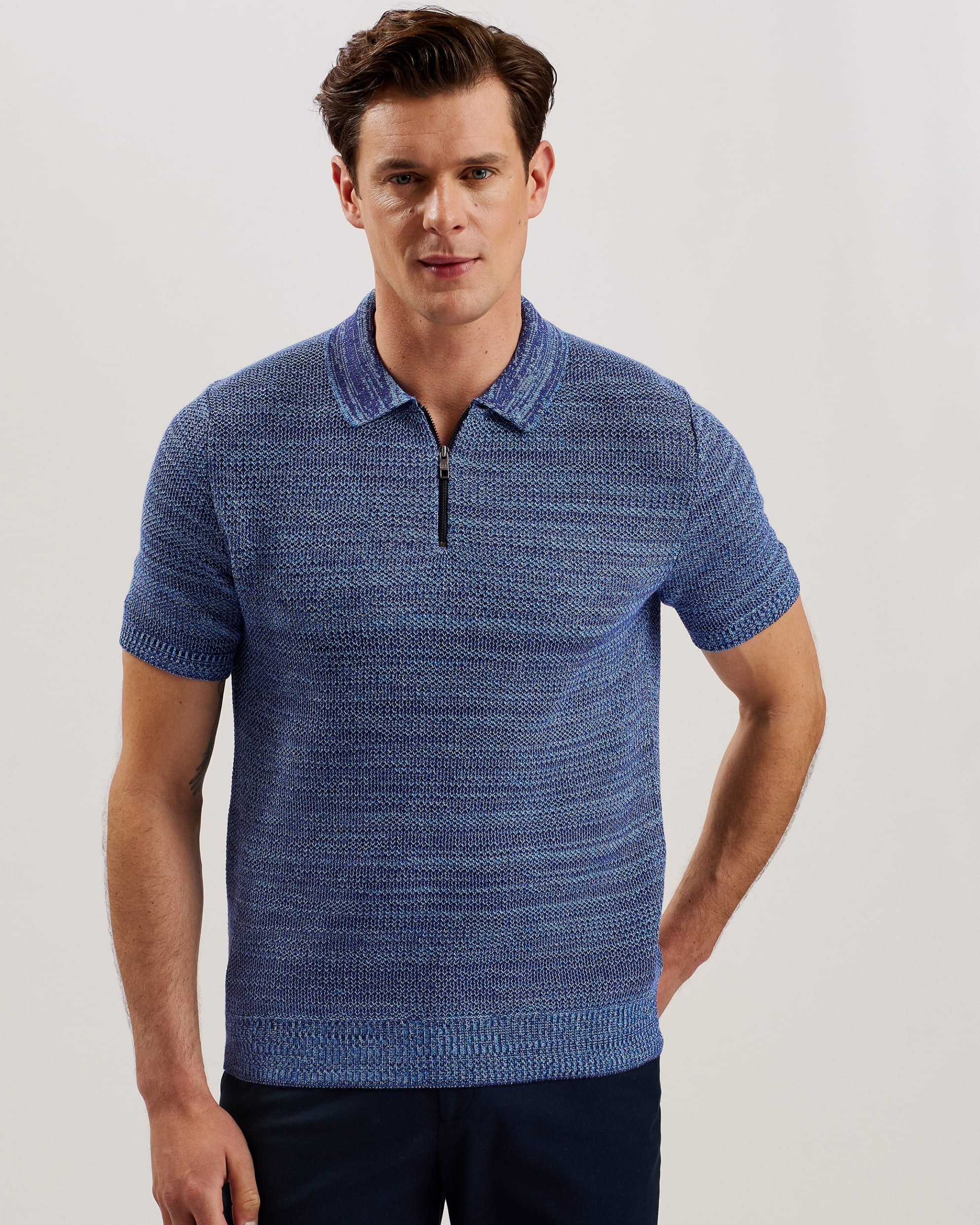 Blossam Short Sleeve Zip Polo Shirt Blue