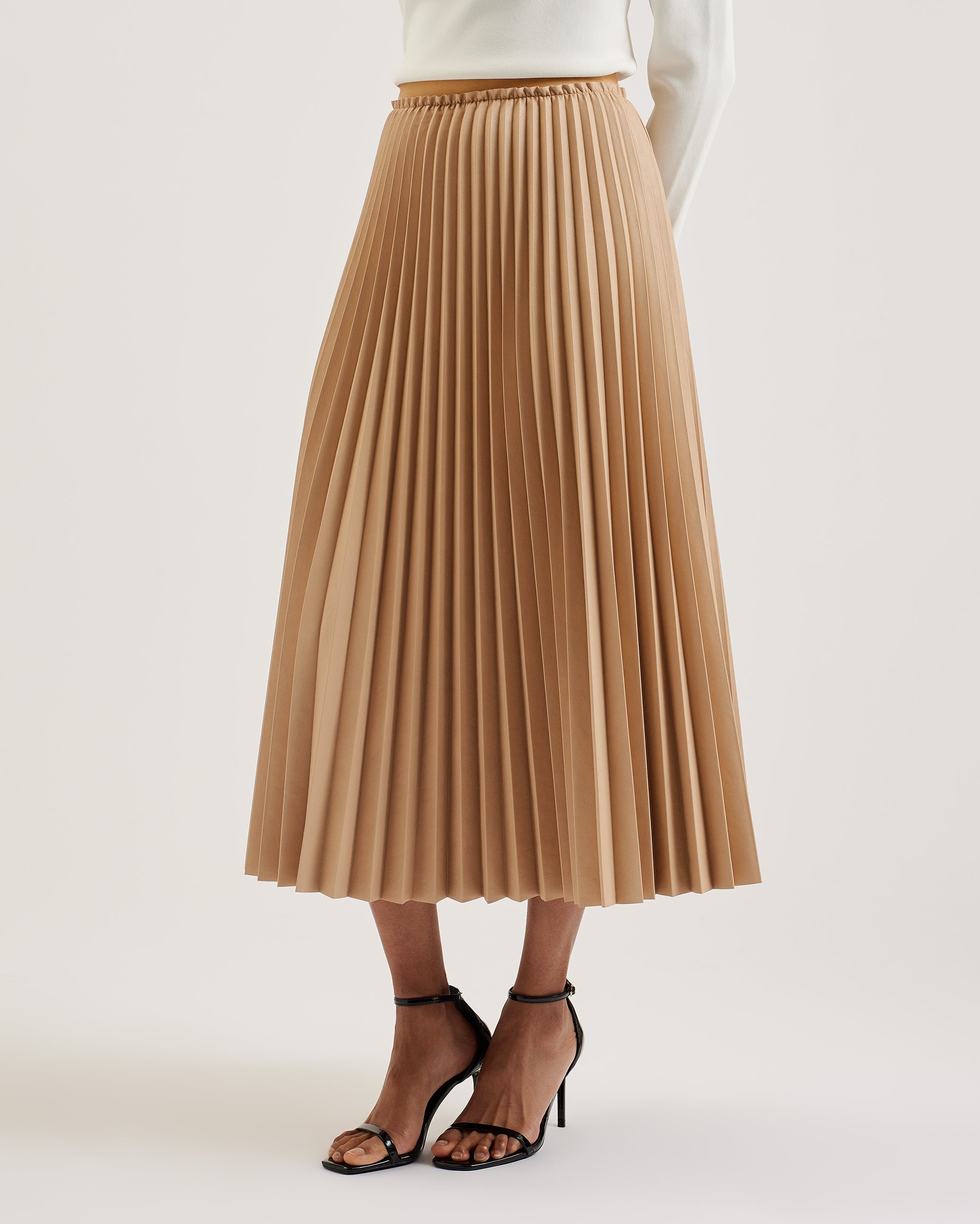 Liydah Faux Leather Pleated Skirt Camel