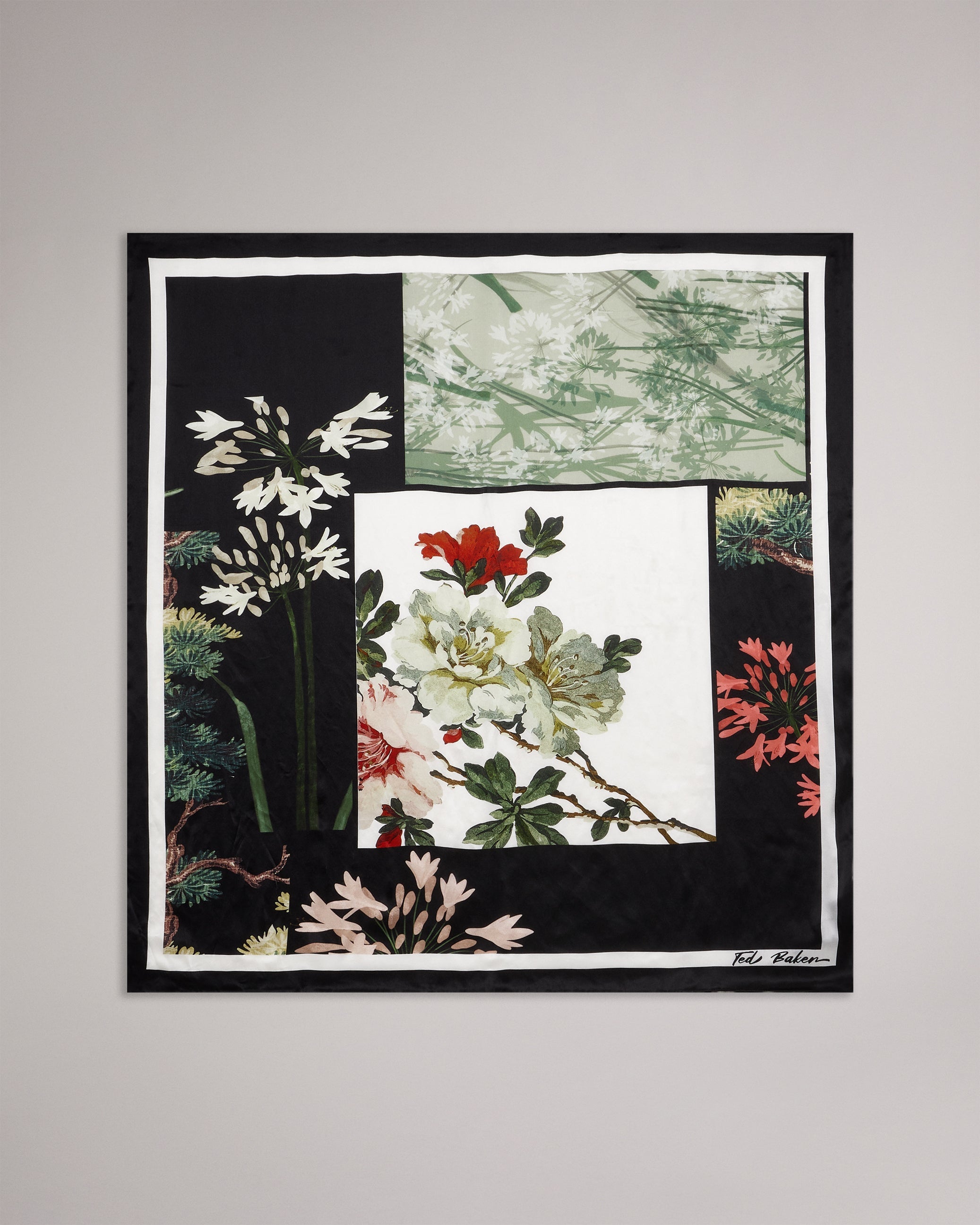 Janasi Floral Collage Print Silk Scarf Black