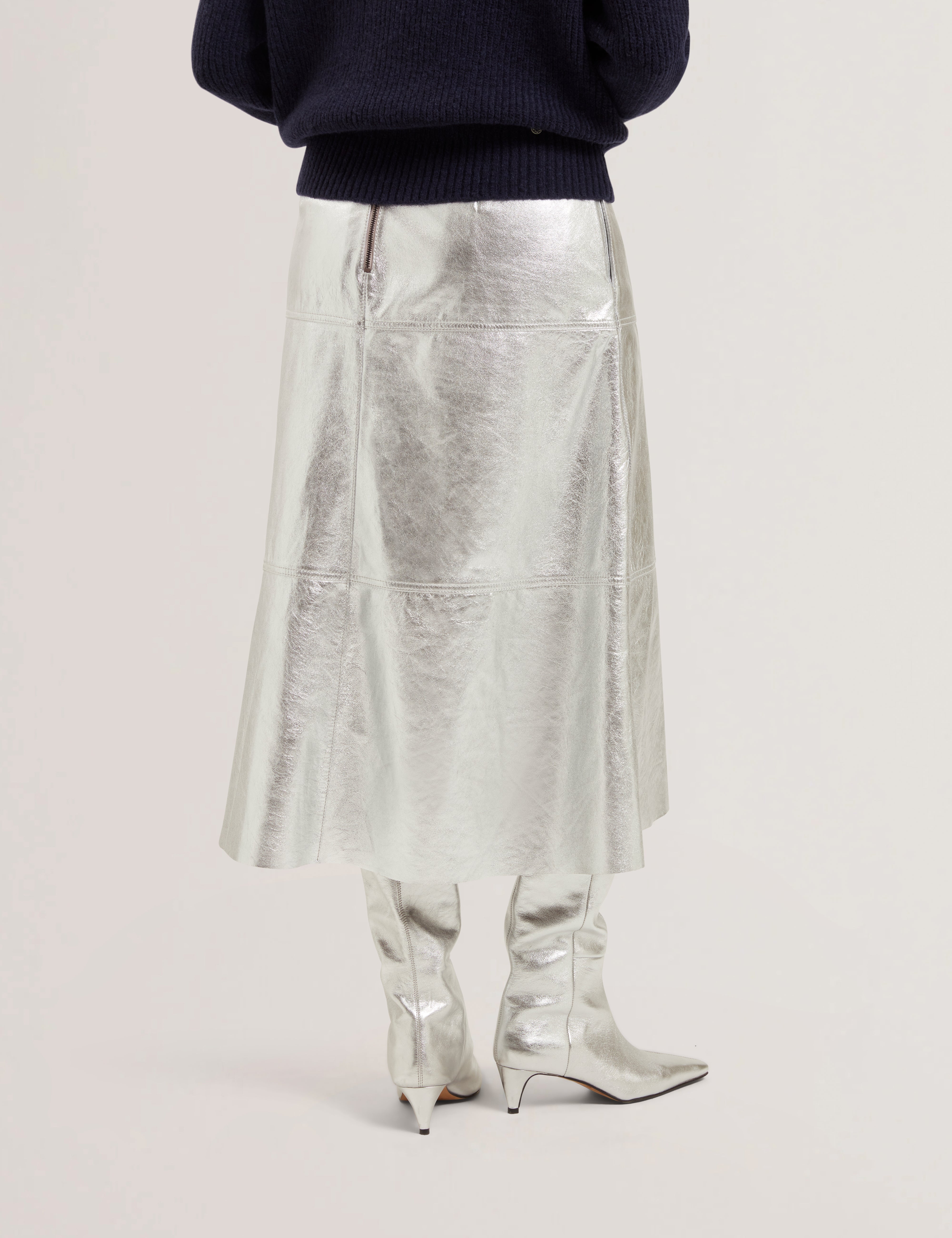 Machi Metallic Leather Midi Skirt Silver