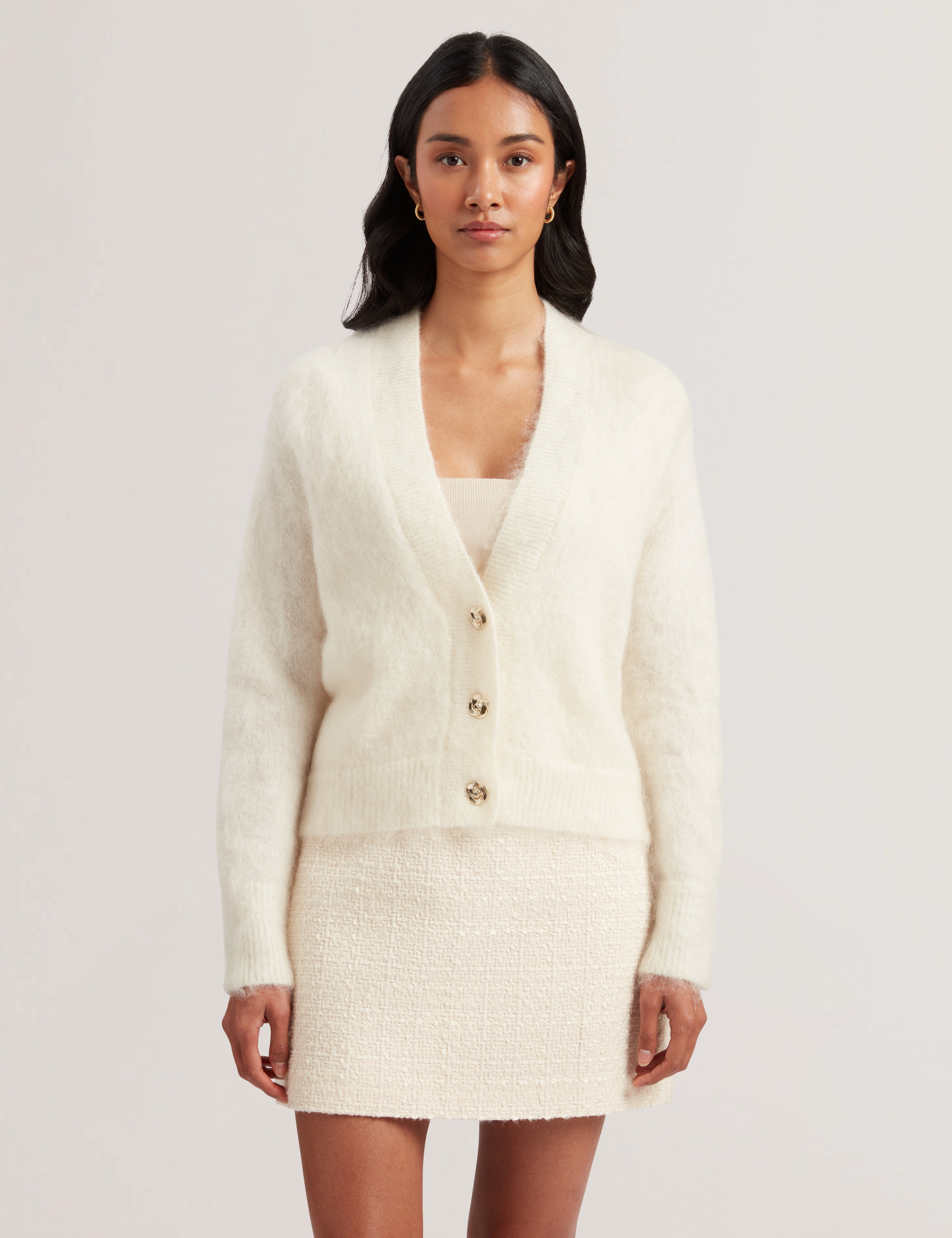 Abeyyy Rose Button V Neck Cardigan Ivory