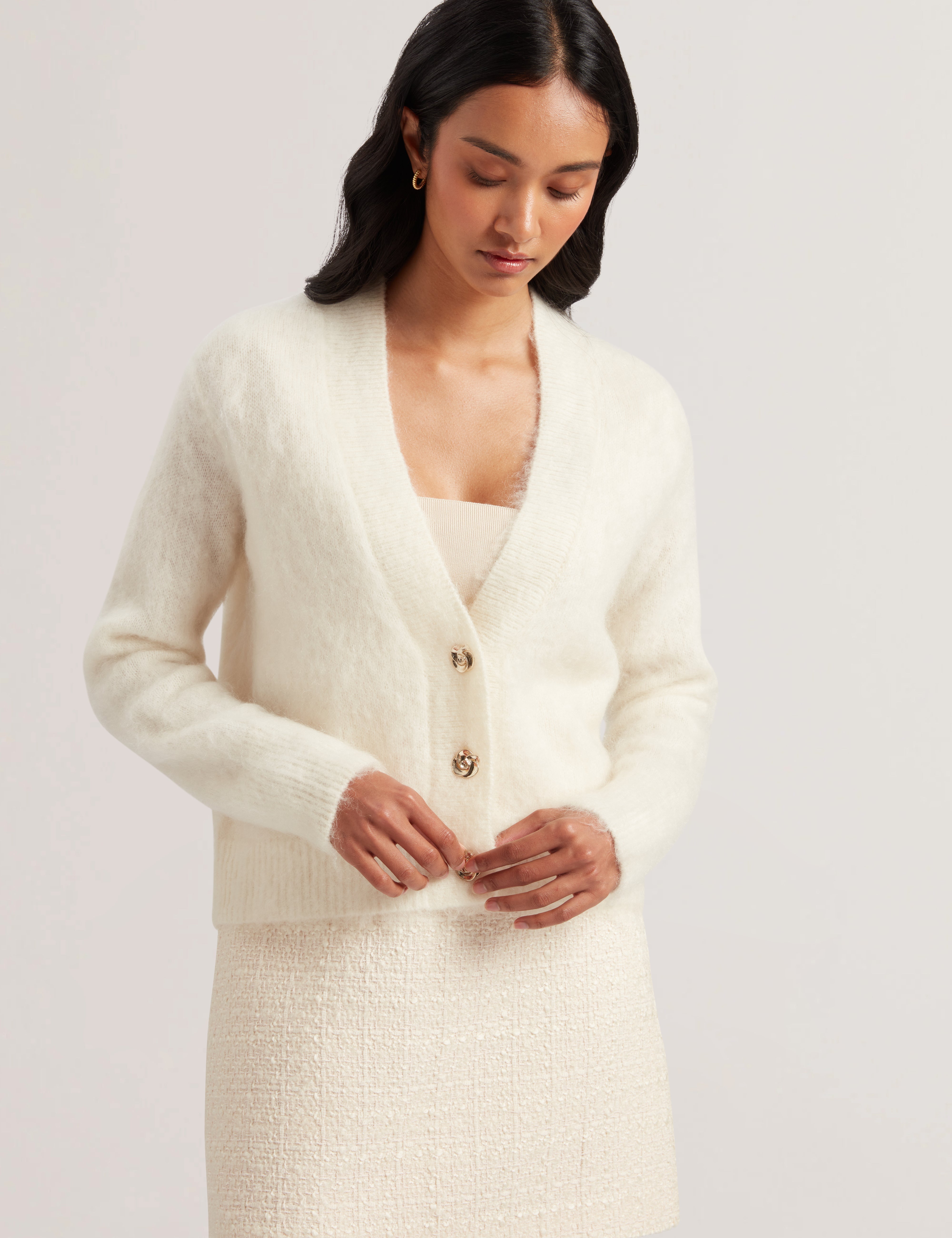 Abeyyy Rose Button V Neck Cardigan Ivory