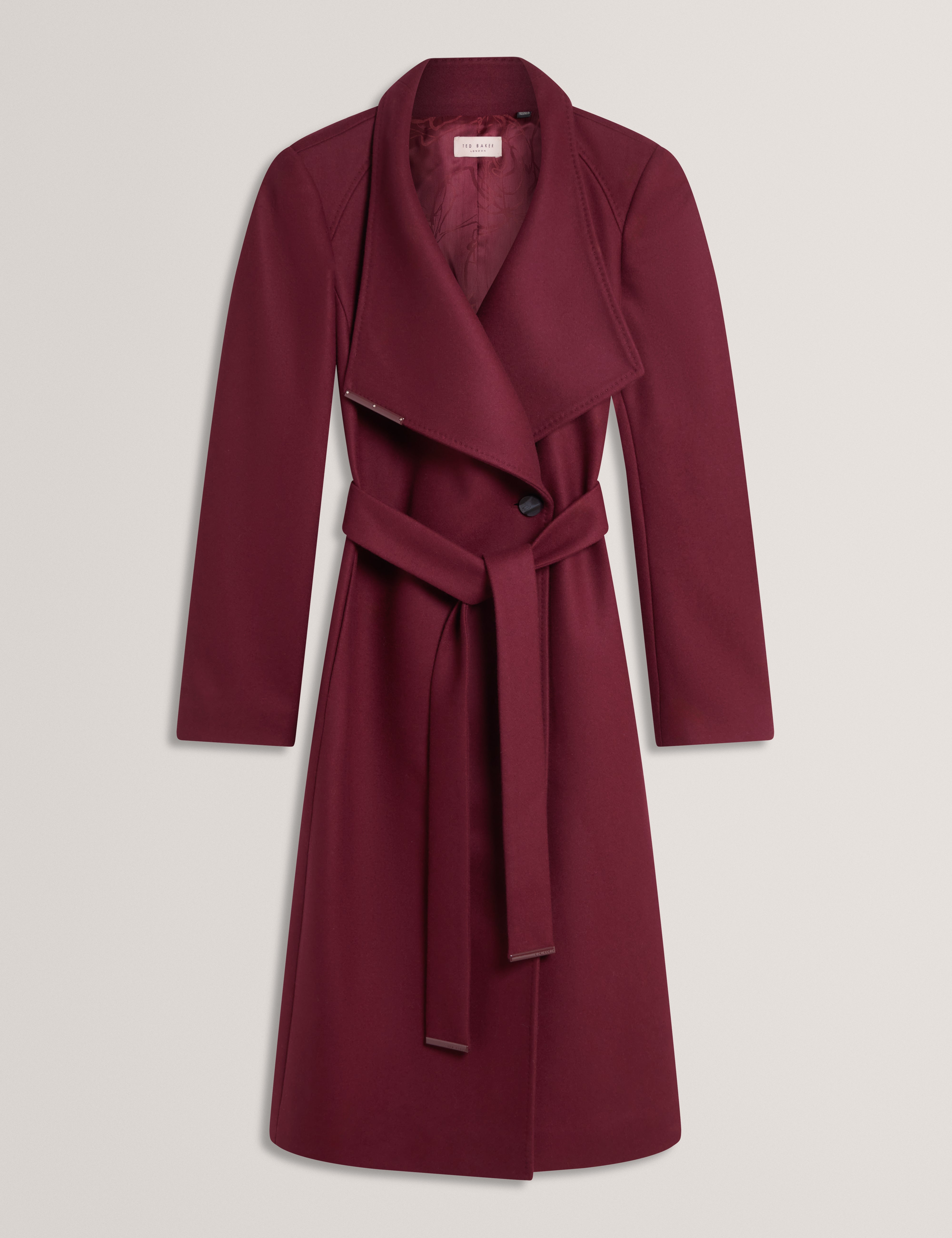 روز معطف ميدي من الصوف بقصة ملفوفة لون أحمر داكن