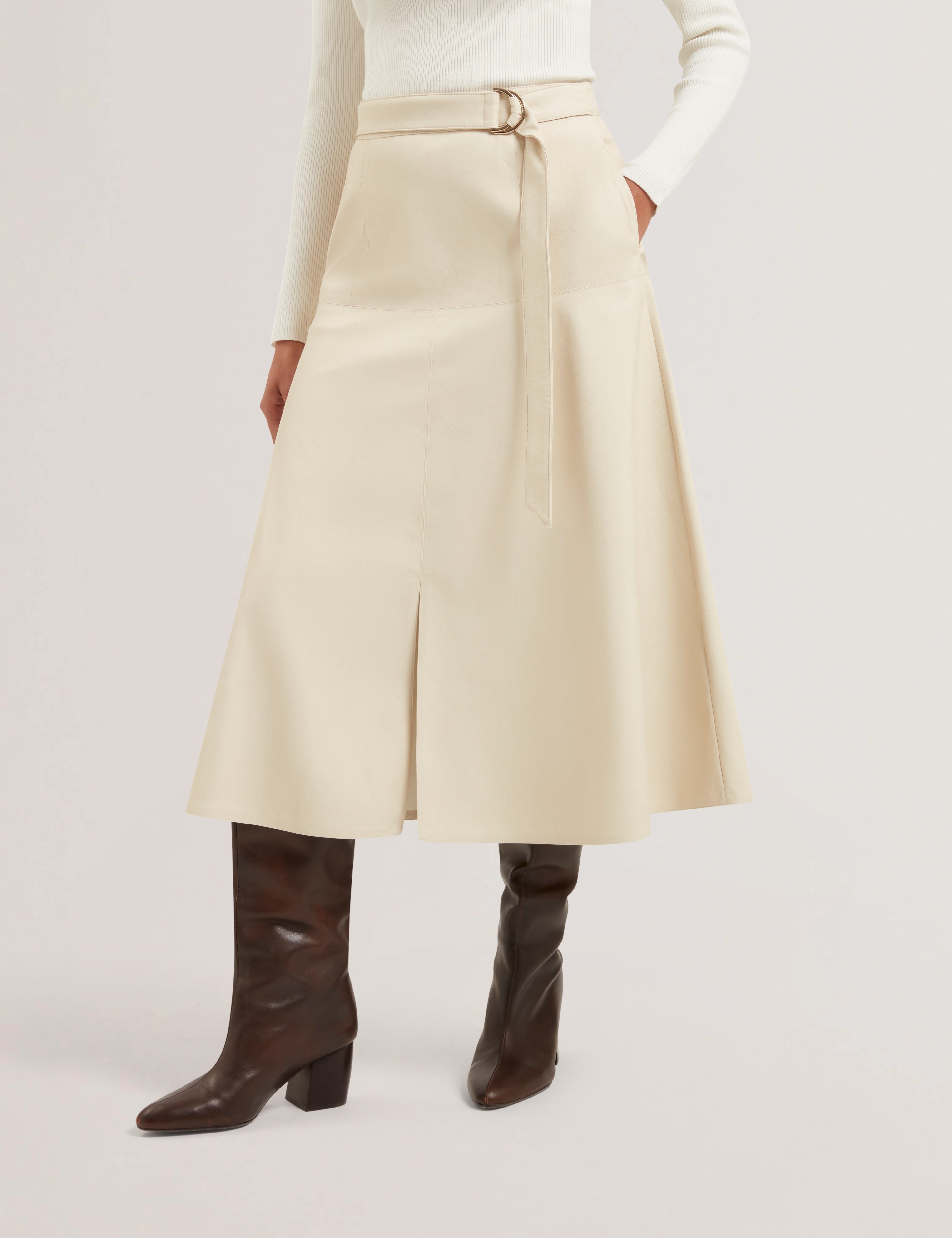 Zimi Faux Leather A Line Belted Midi Skirt Ecru