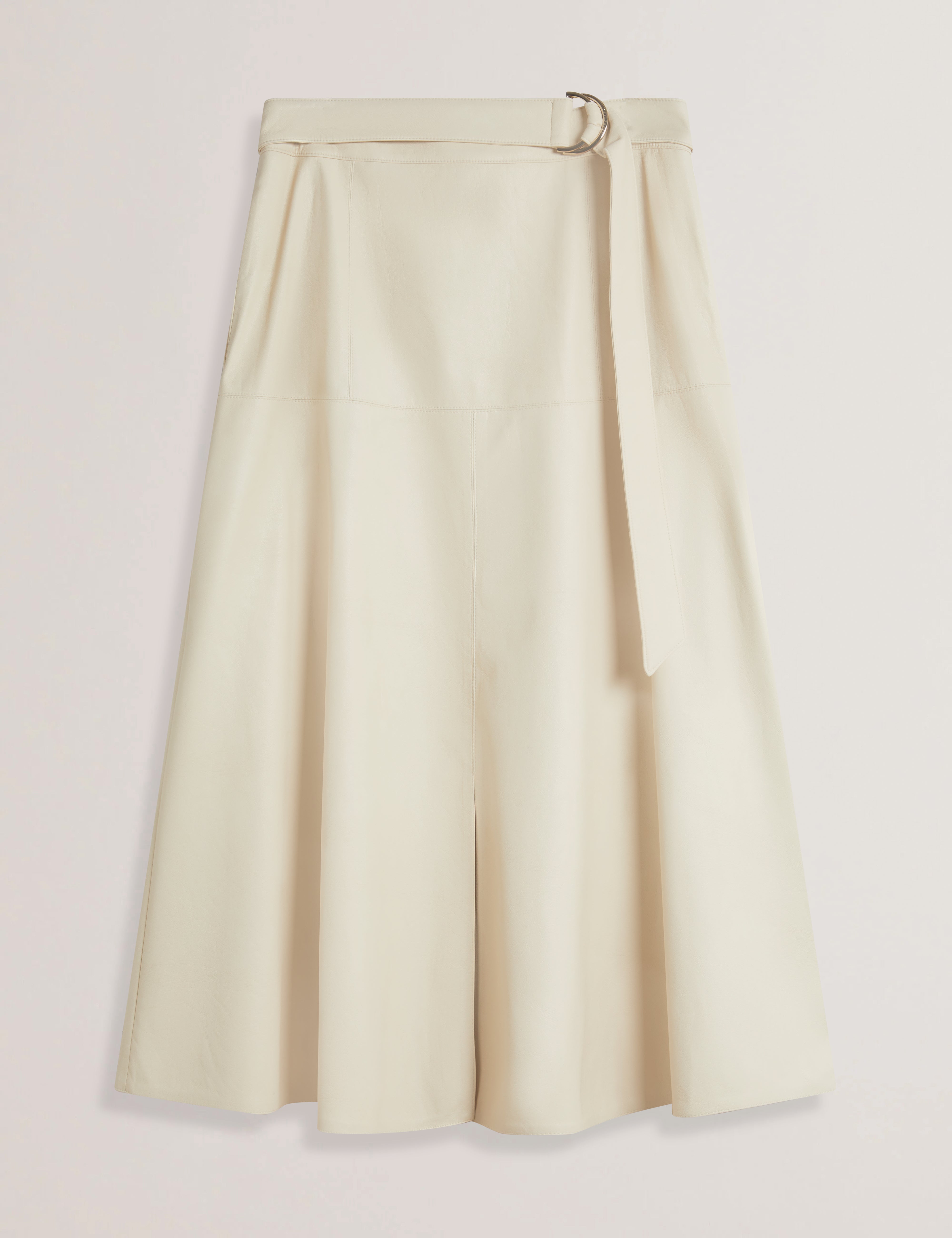 Zimi Faux Leather A Line Belted Midi Skirt Ecru