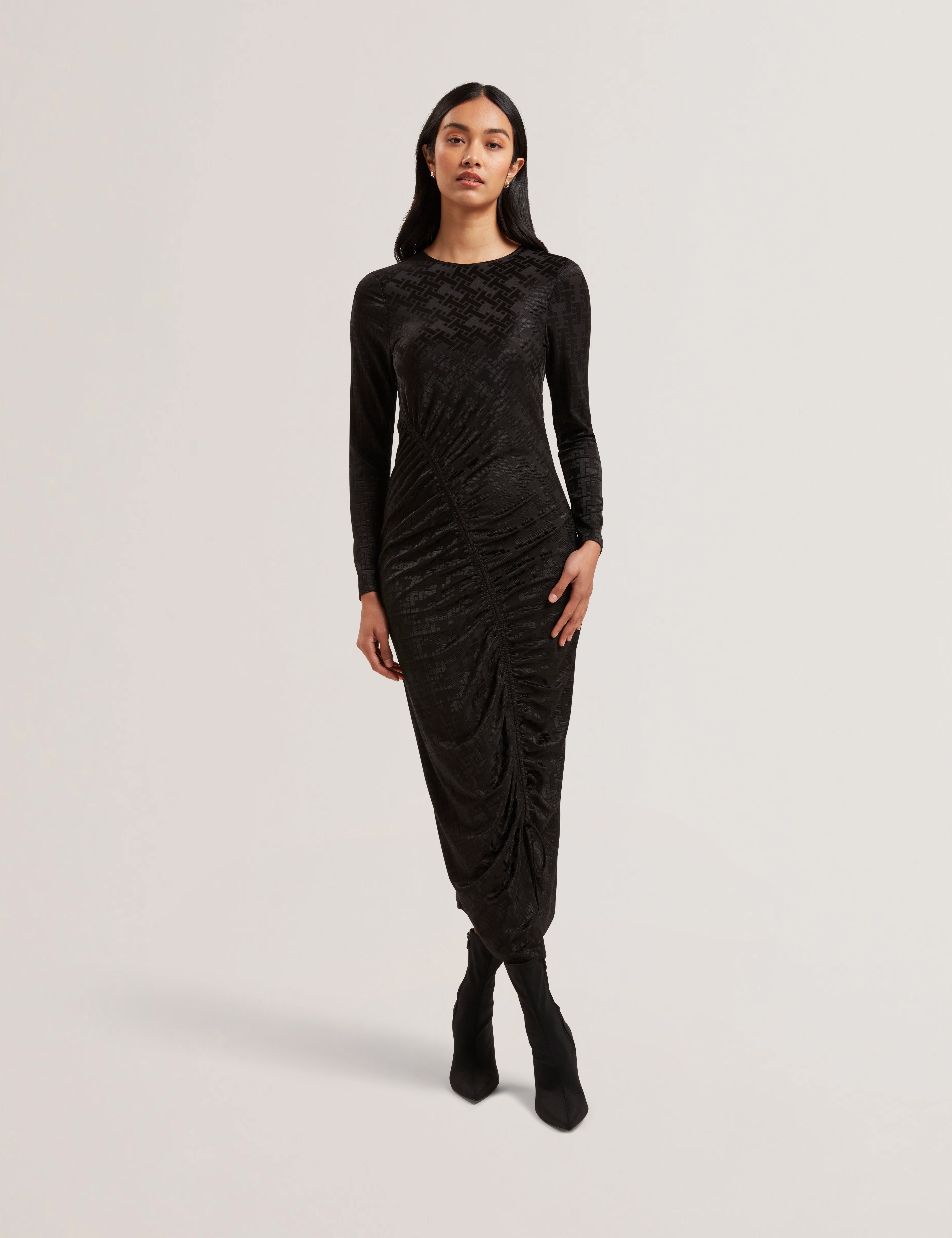 Sherlay Jacquard T Bodycon Gathered Midi Dress Black
