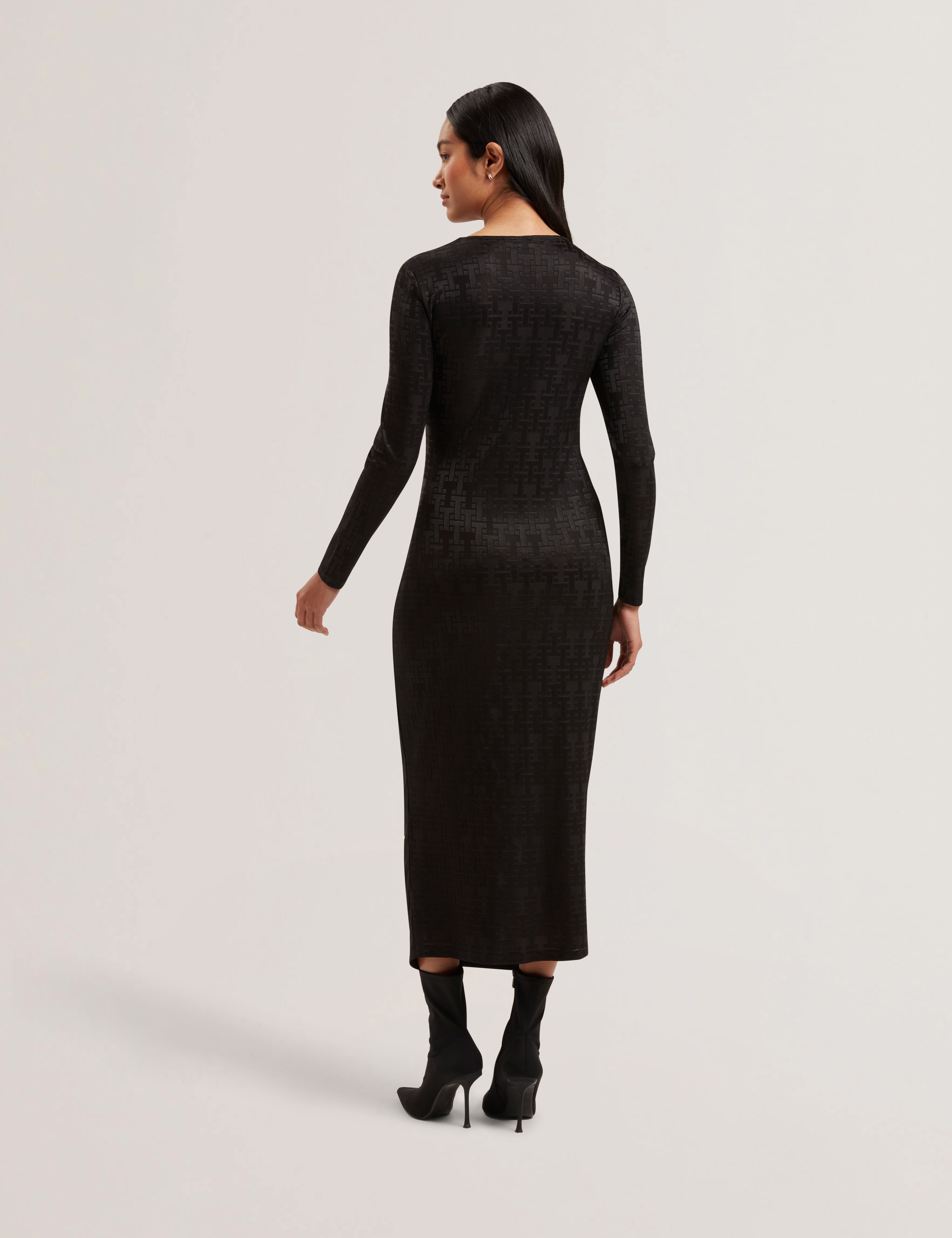 Sherlay Jacquard T Bodycon Gathered Midi Dress Black