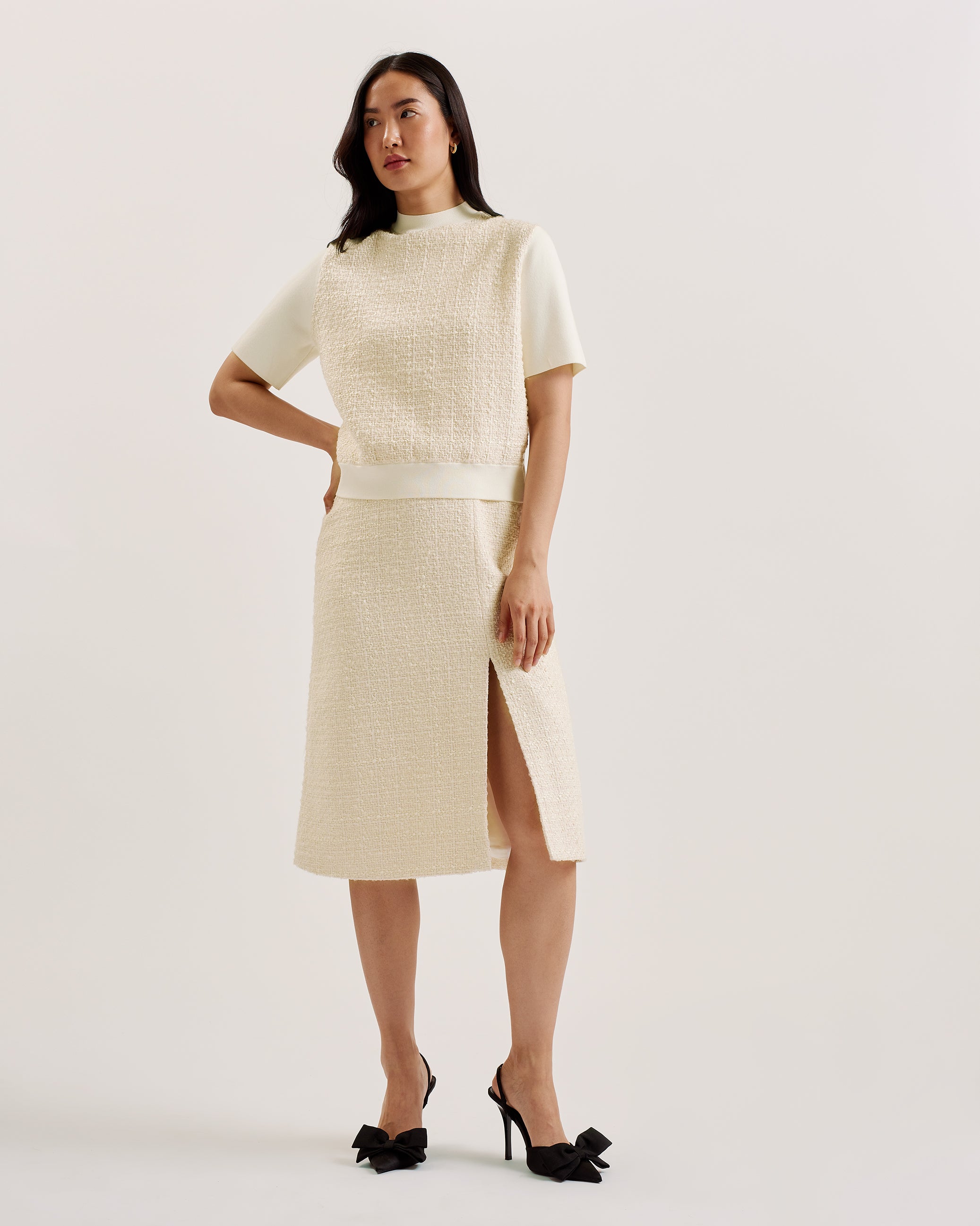 Morim Knit Bodice Boucle Midi Skirt With Side Ivory