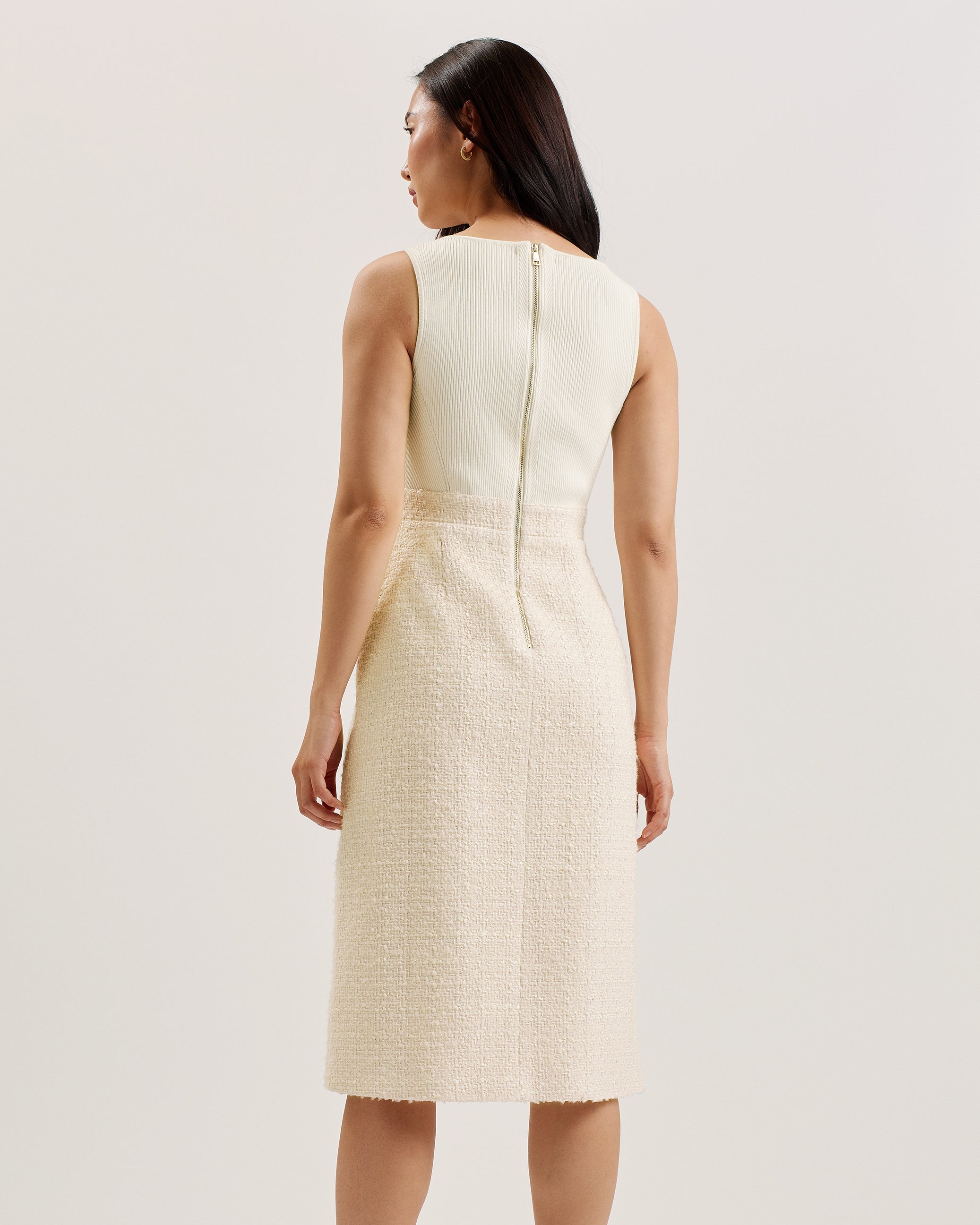 Morim Knit Bodice Boucle Midi Skirt With Side Ivory