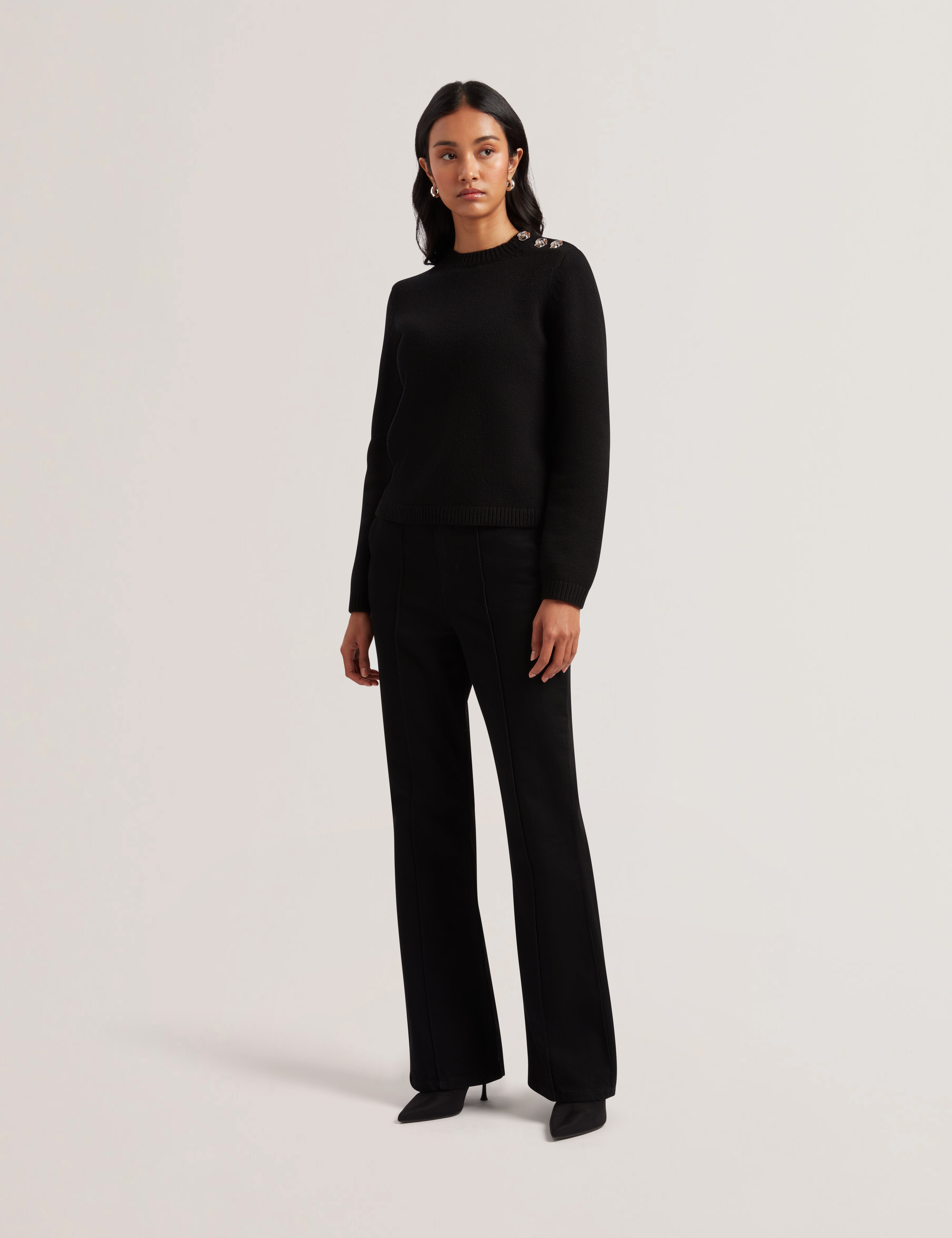 Janha Rose Button Crew Neck Long Sleeve Sweatshirt Black