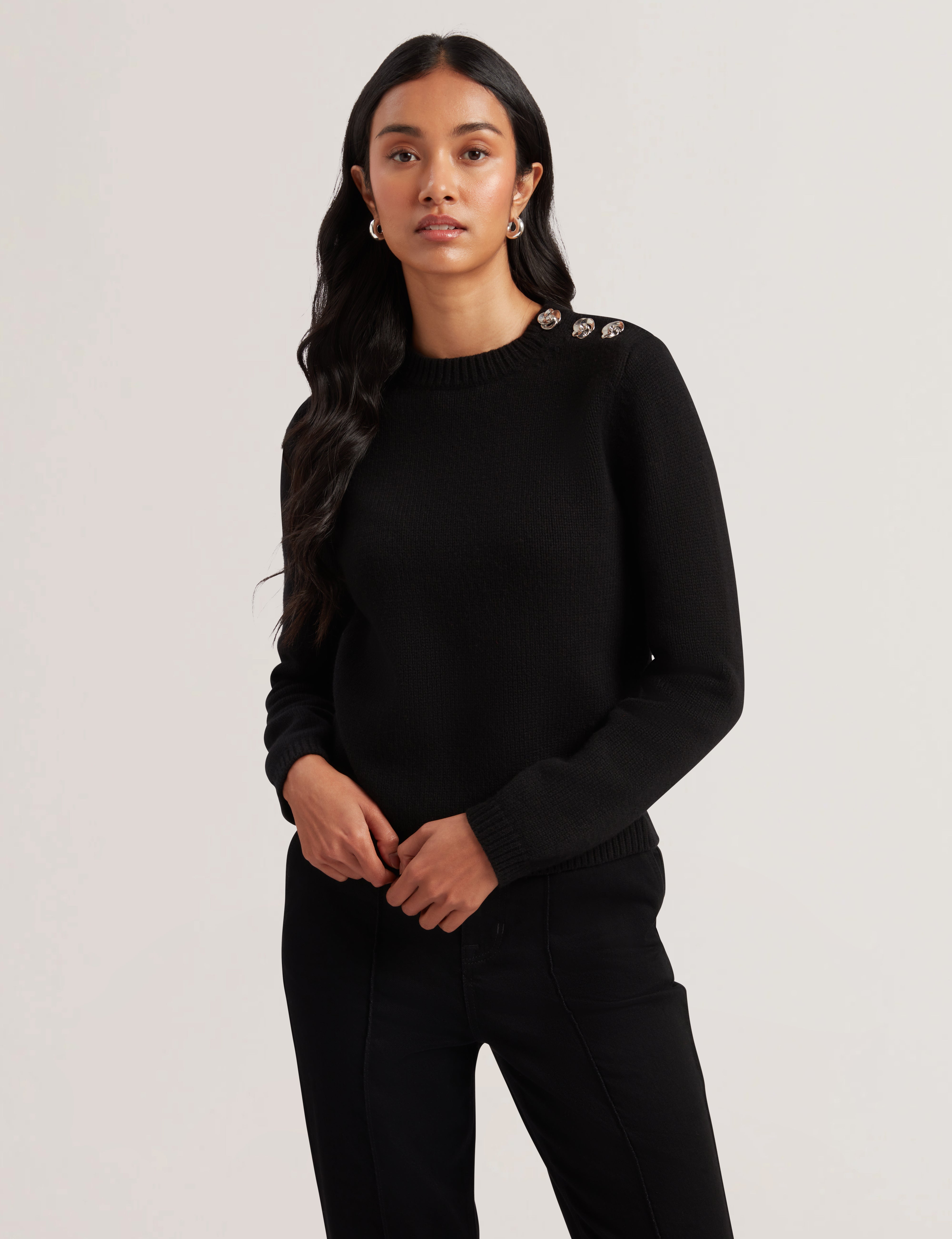 Janha Rose Button Crew Neck Long Sleeve Sweatshirt Black