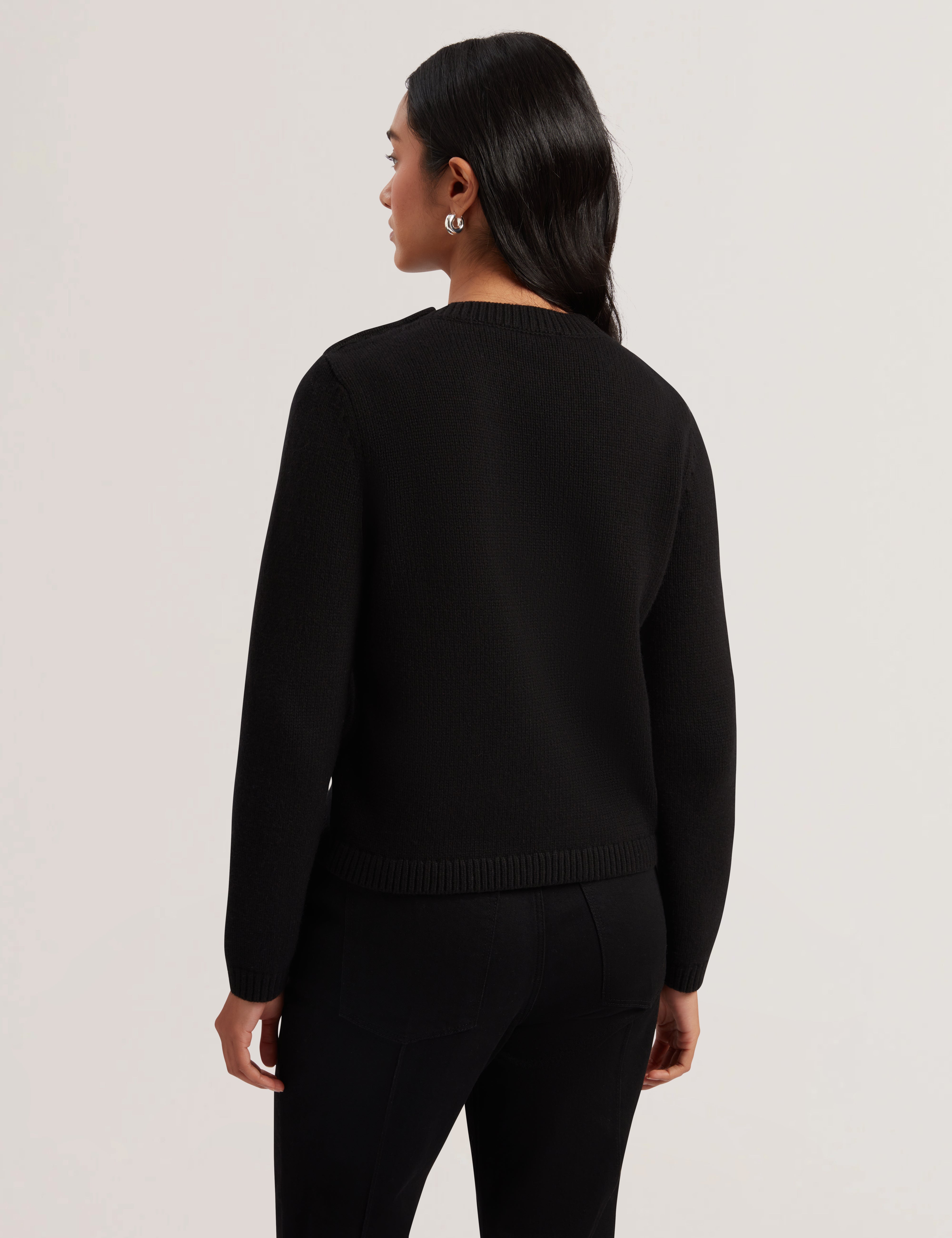 Janha Rose Button Crew Neck Long Sleeve Sweatshirt Black