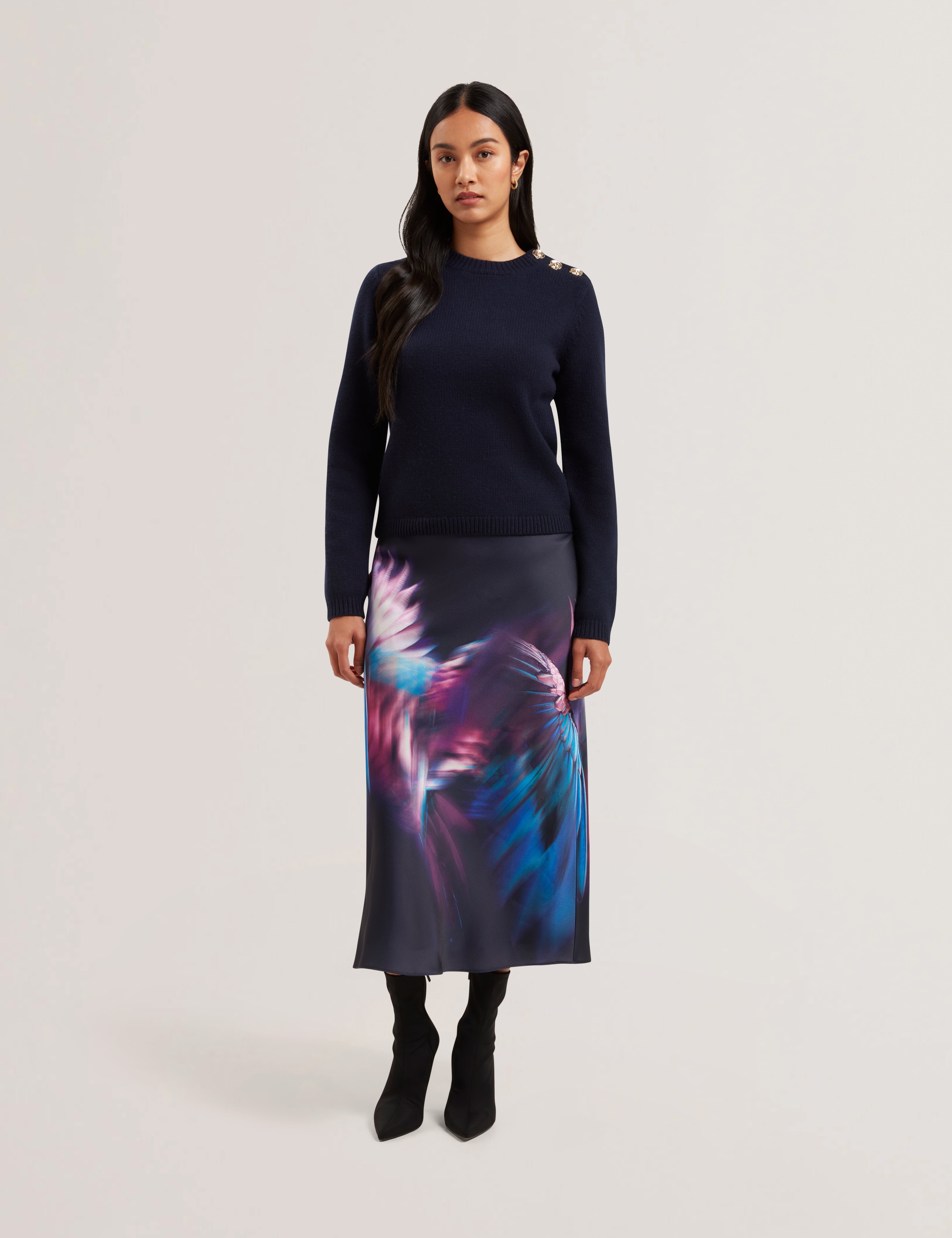 Janha Rose Button Crew Neck Long Sleeve Sweater Navy