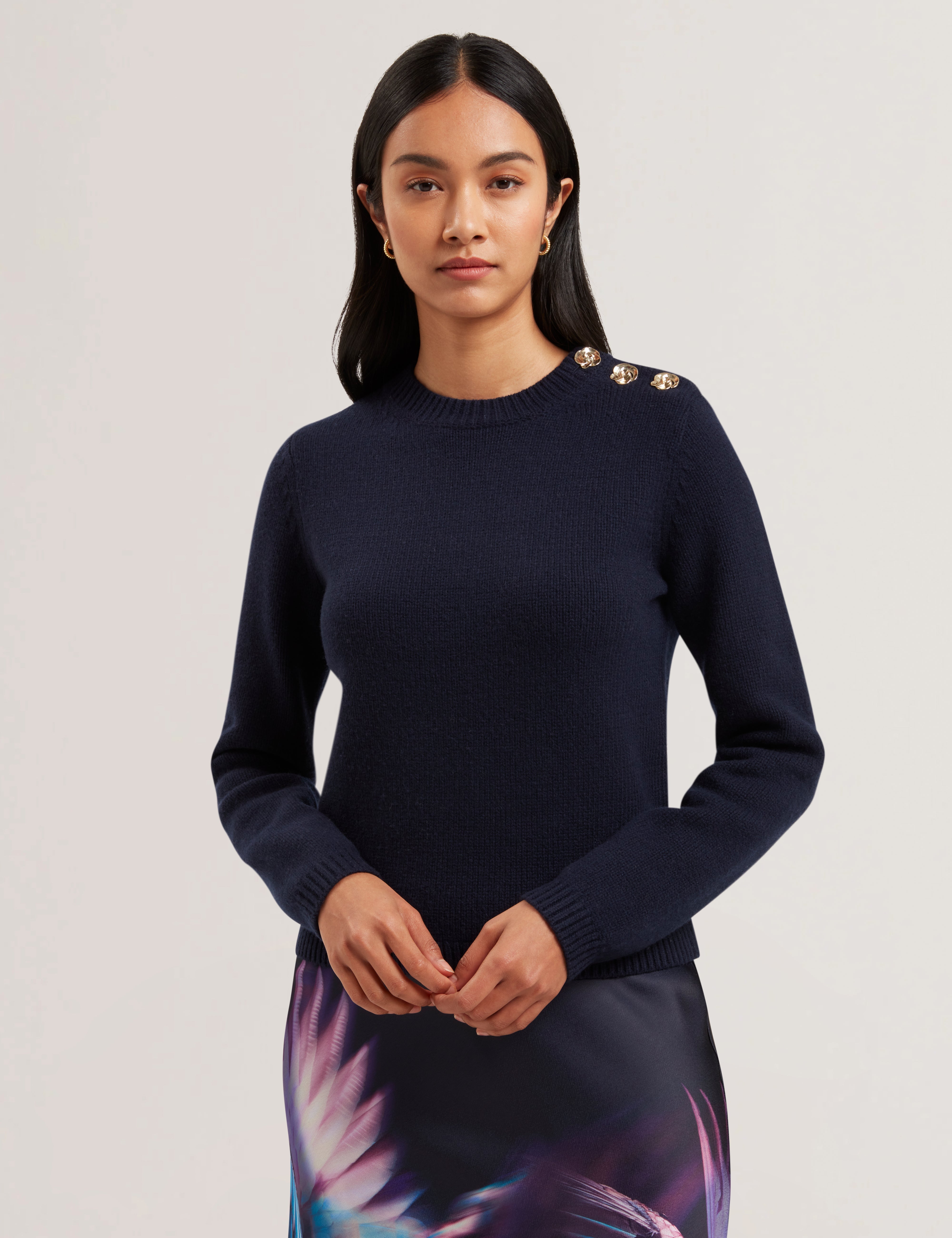 Janha Rose Button Crew Neck Long Sleeve Sweater Navy