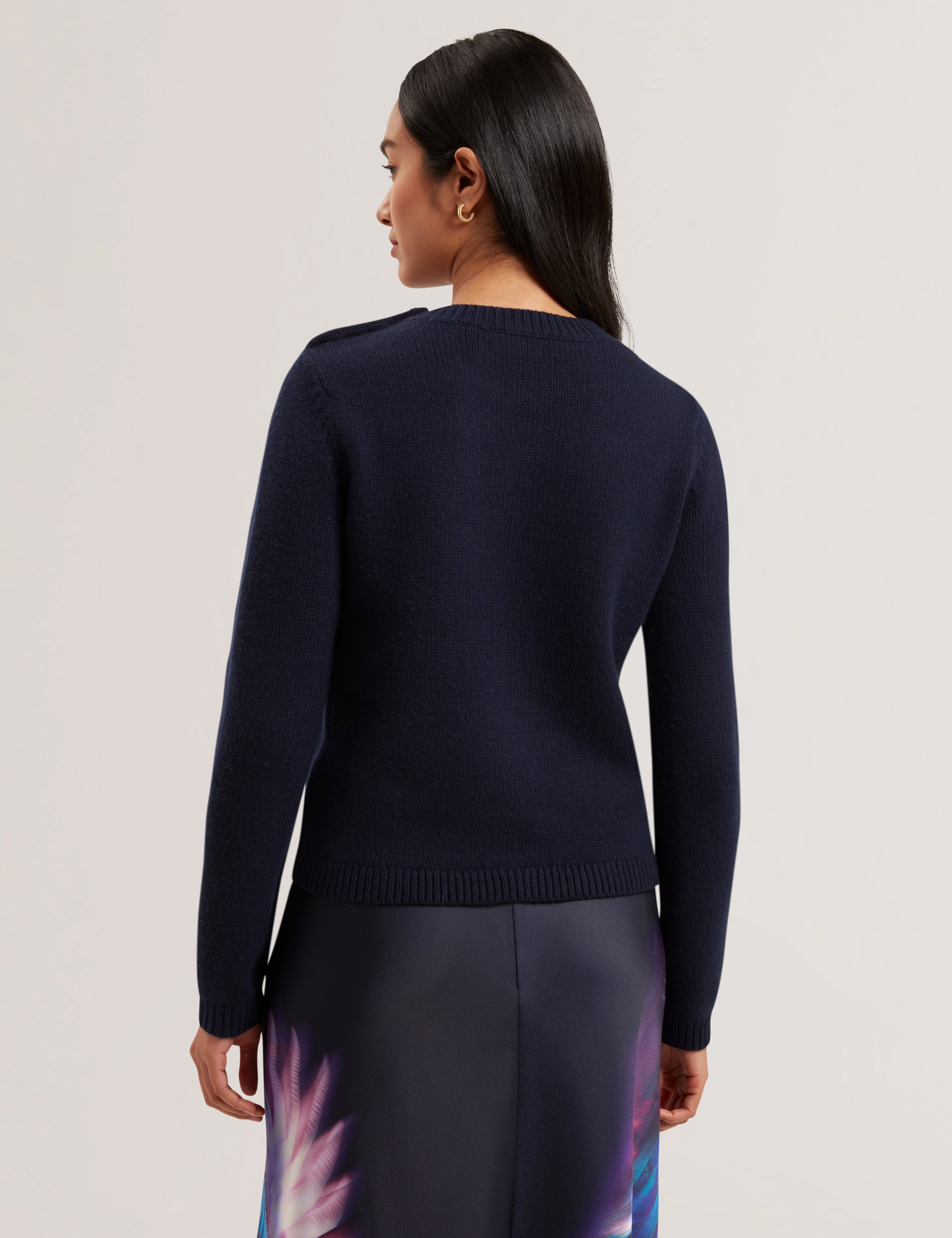 Janha Rose Button Crew Neck Long Sleeve Sweater Navy