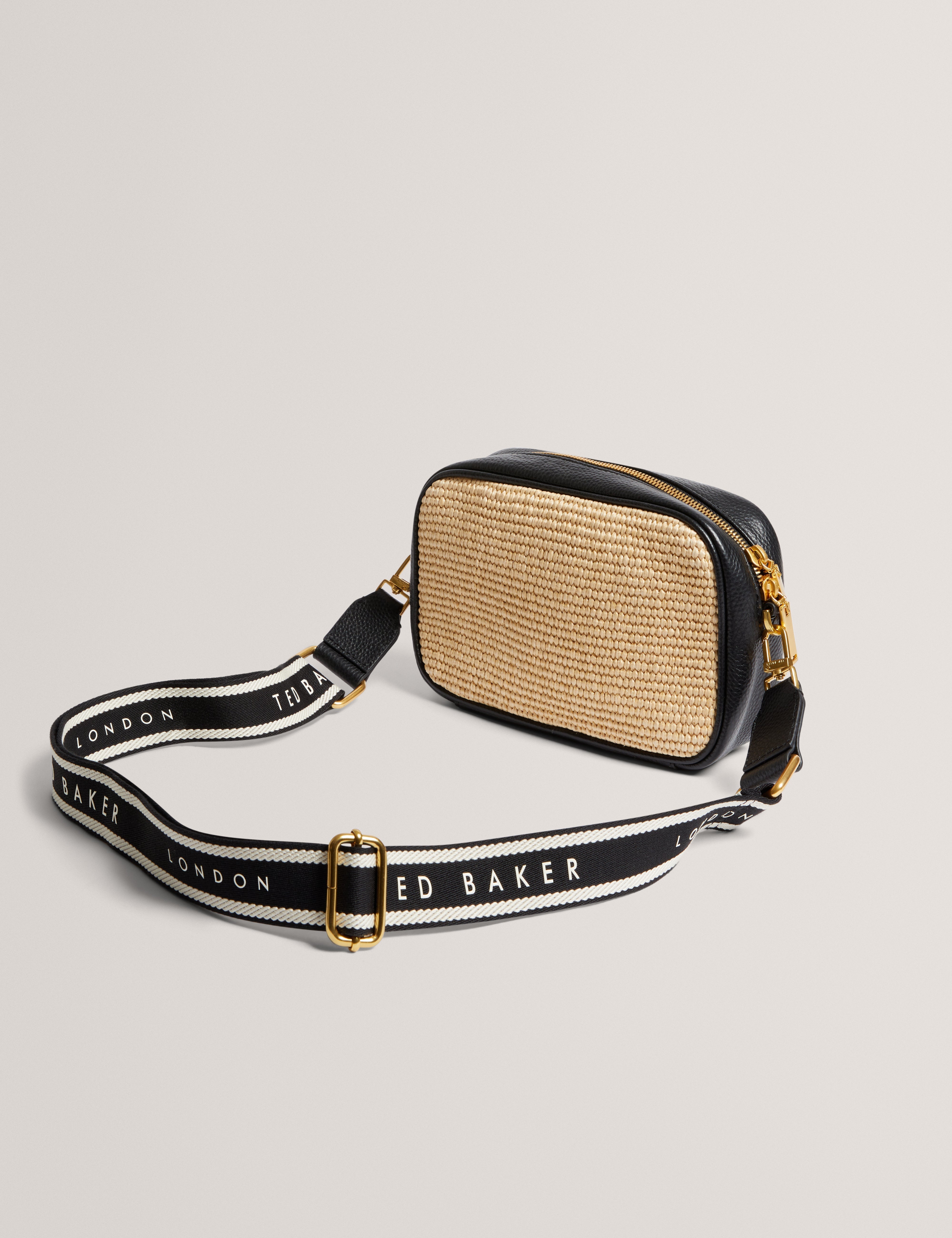 Bardas Webbing Faux Raffia Camera Crossbody Black