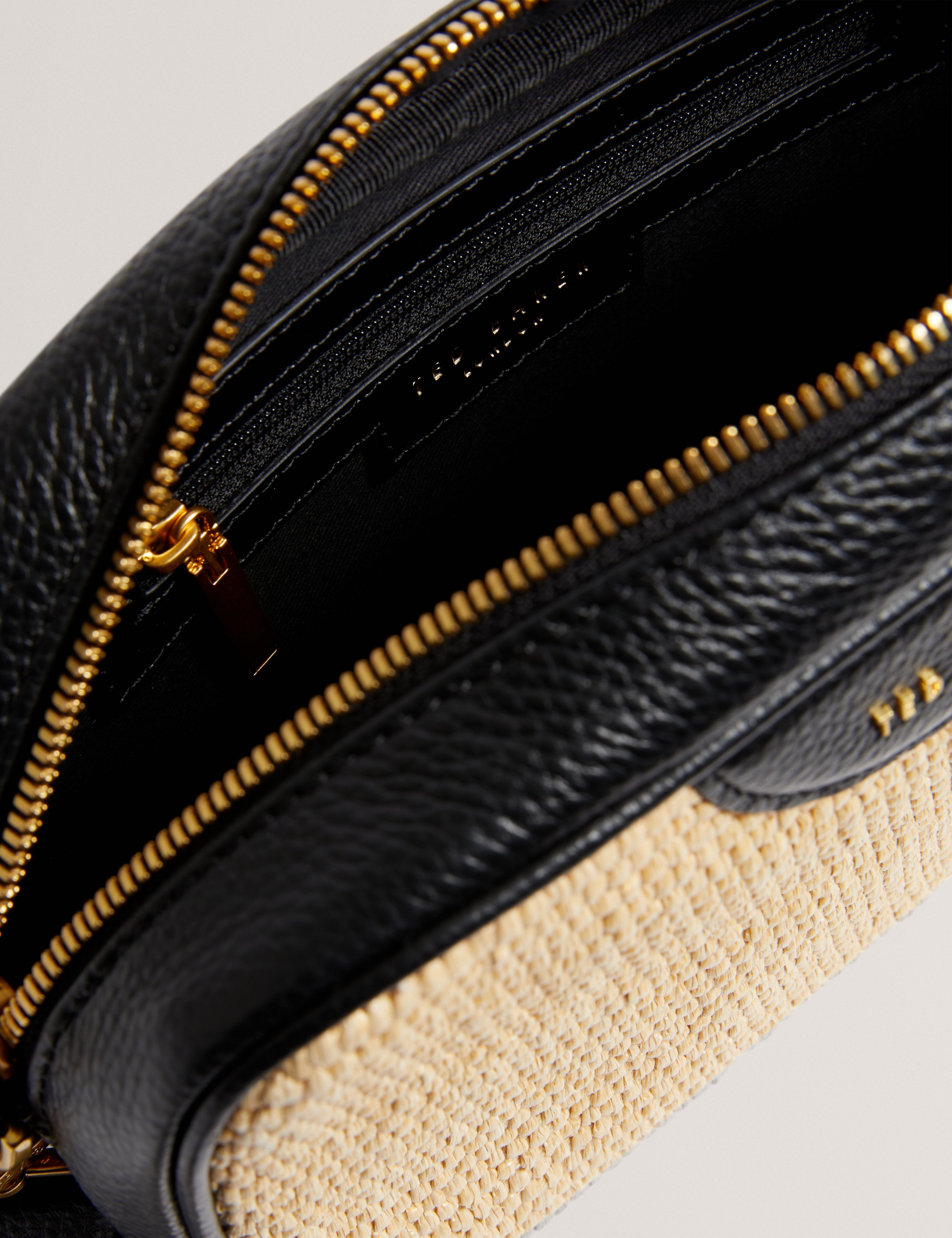 Bardas Webbing Faux Raffia Camera Crossbody Black