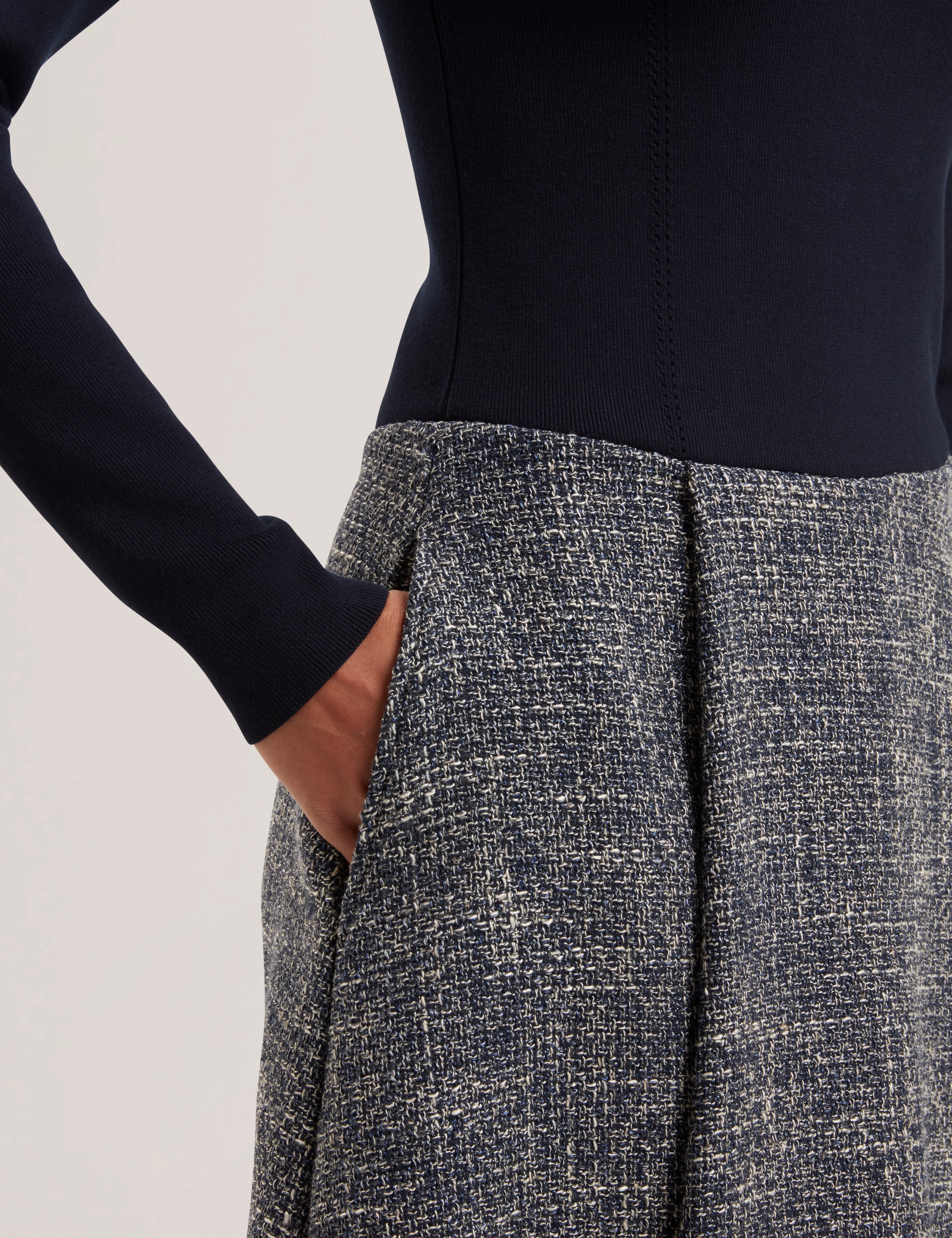 Abieb Polo-Neck Knit Bodice Midi Boucle Dress Navy