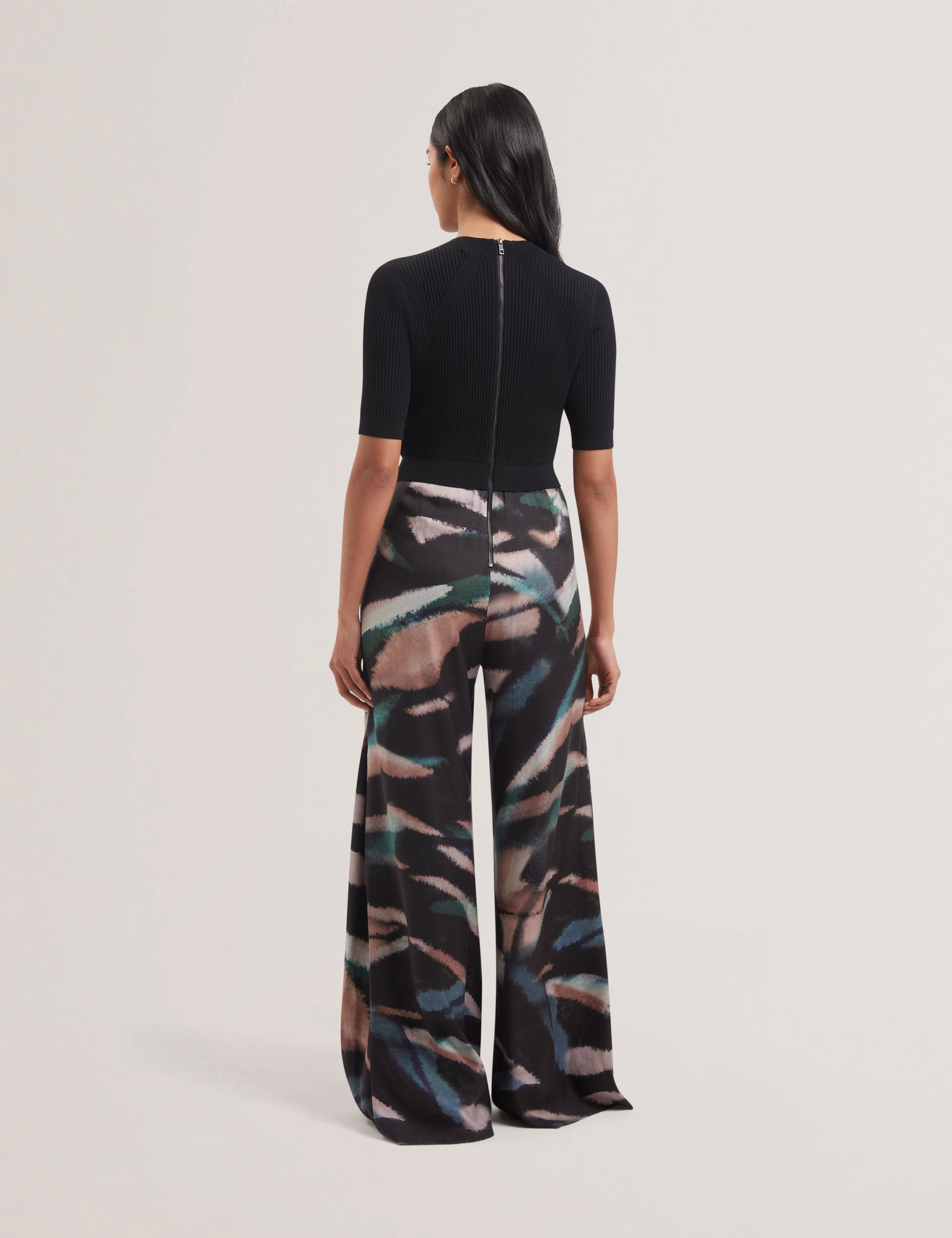 Georie Knit Bodice Printed Leg Jumpsuit Black