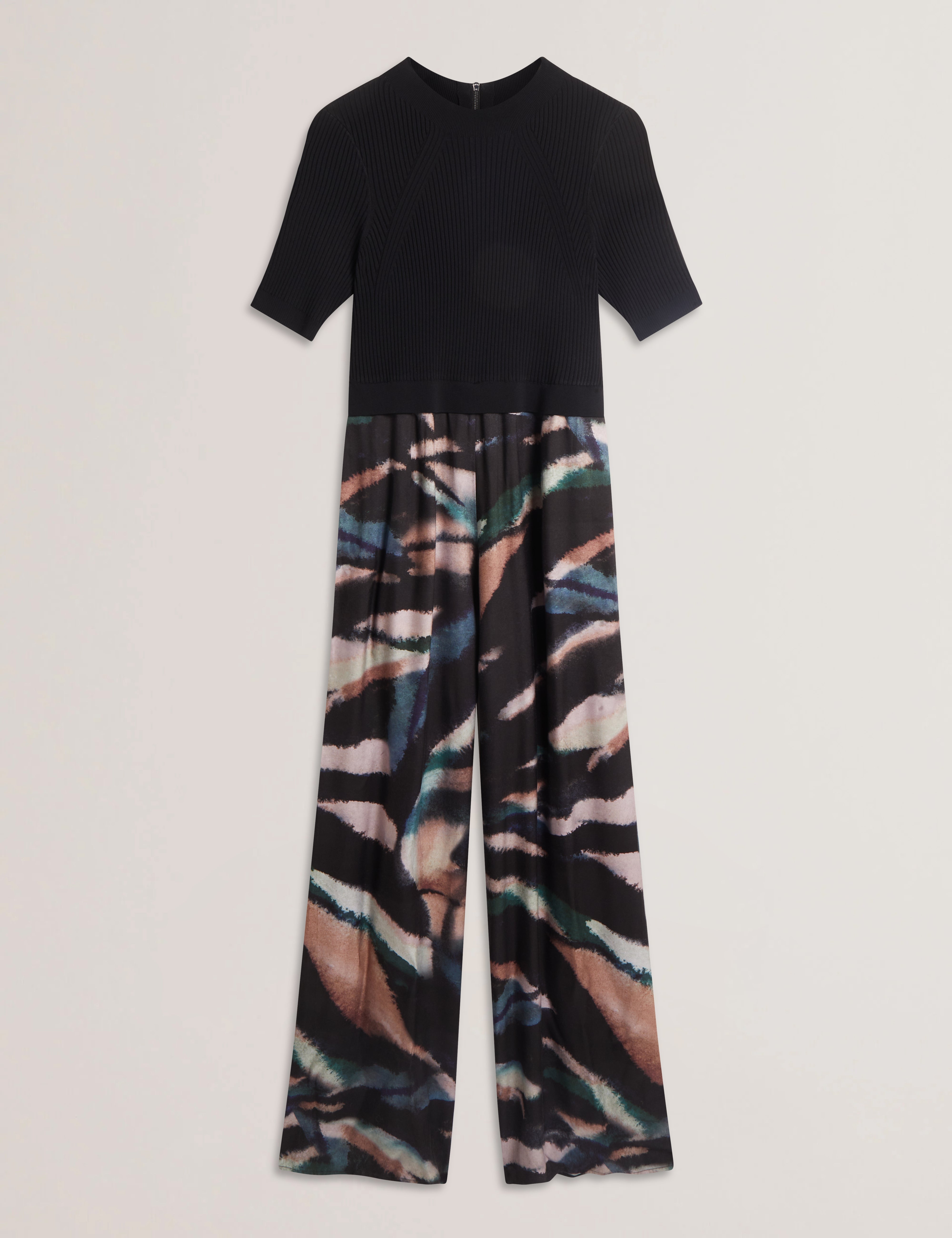 Georie Knit Bodice Printed Leg Jumpsuit Black