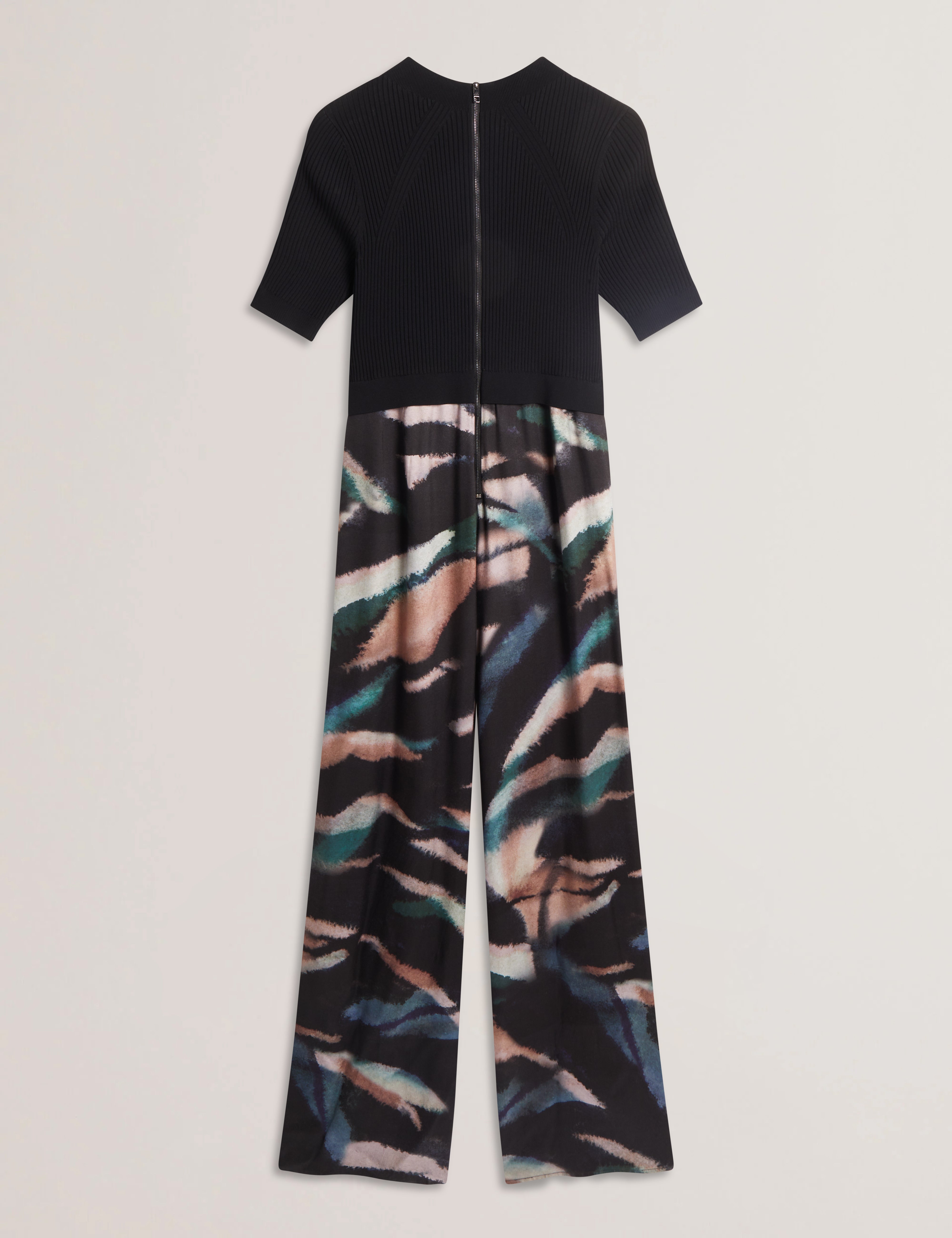 Georie Knit Bodice Printed Leg Jumpsuit Black