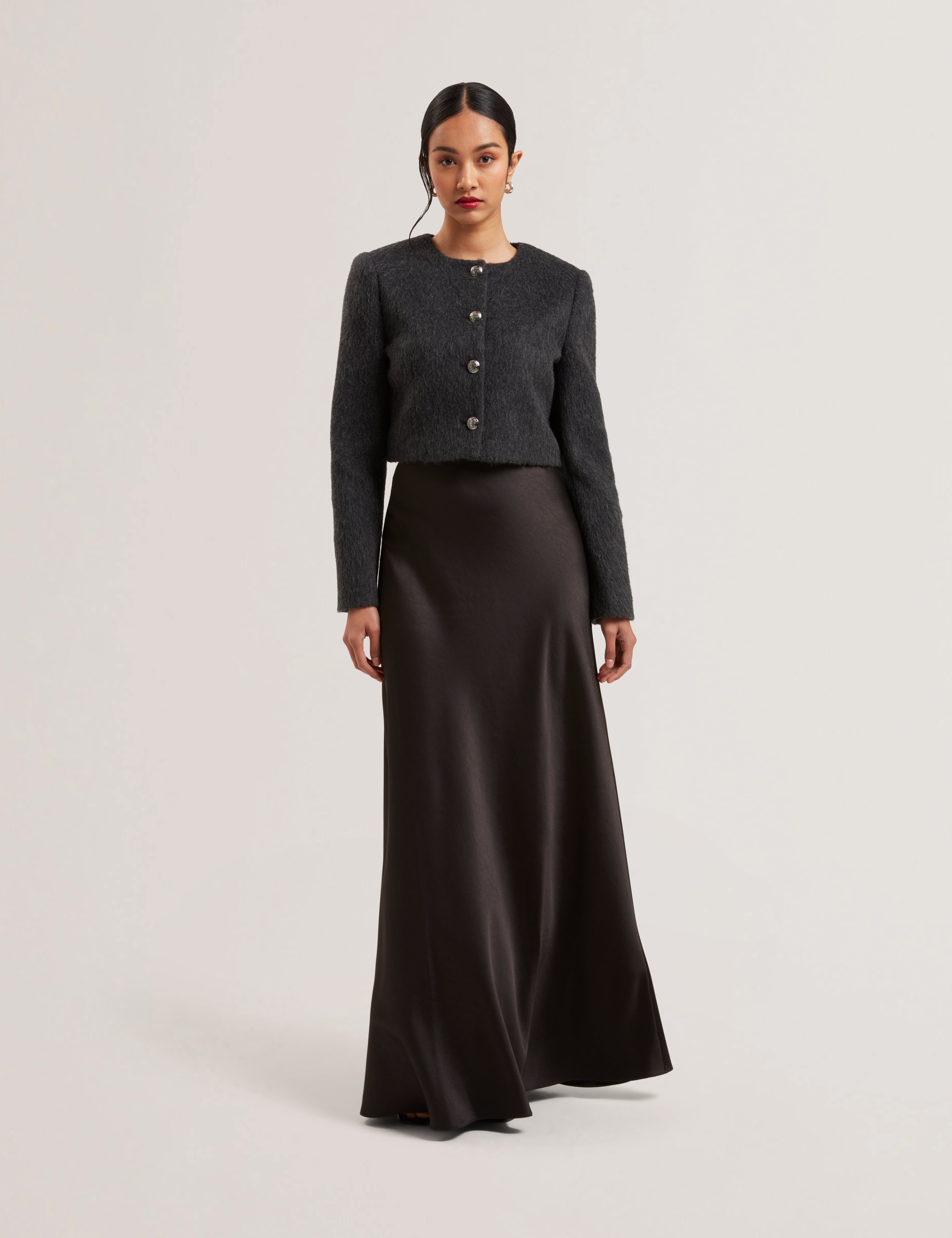 Ontarii Bias Cut Satin Maxi Skirt Black