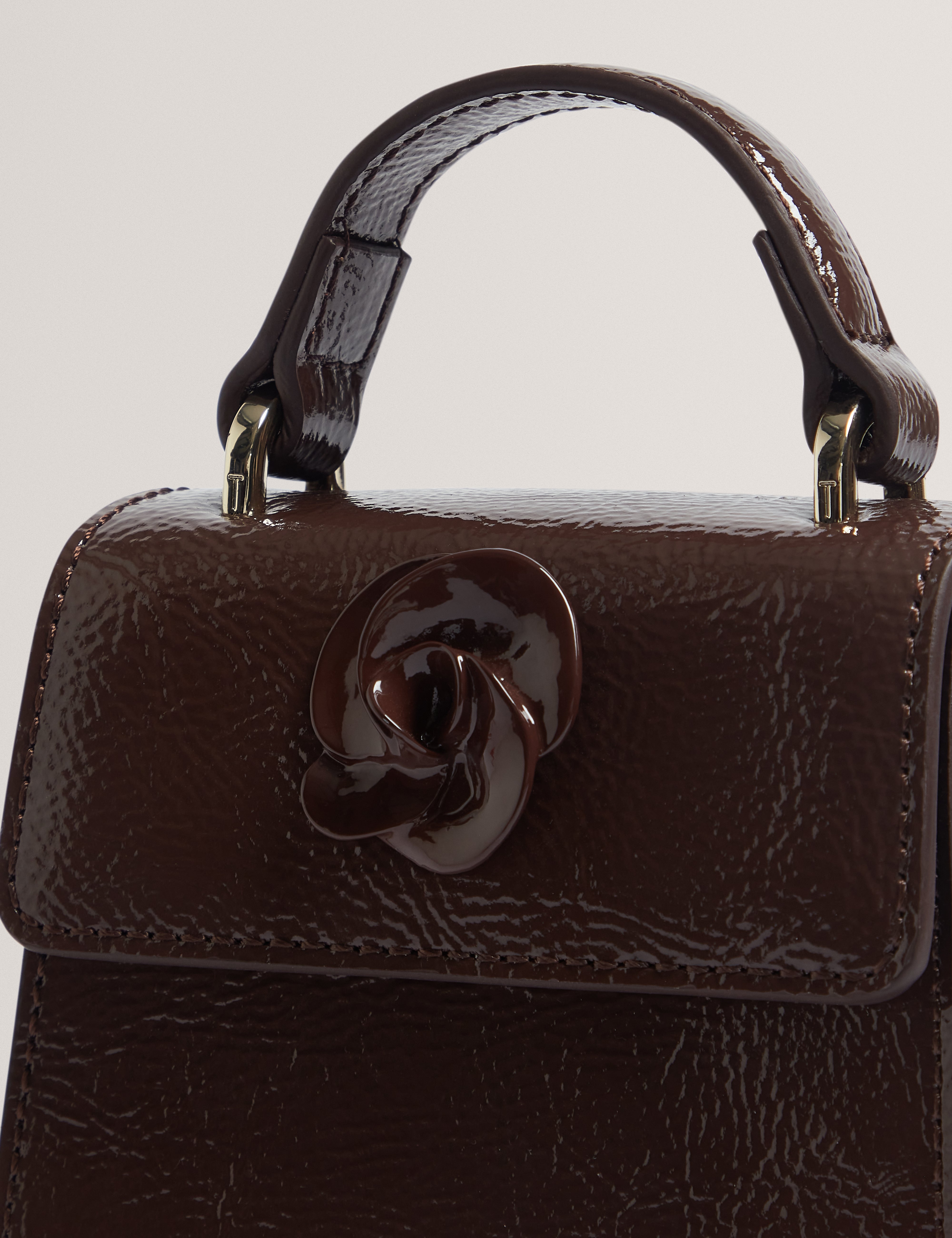 Rouset Rose Detail Mini Leather Bag Brown