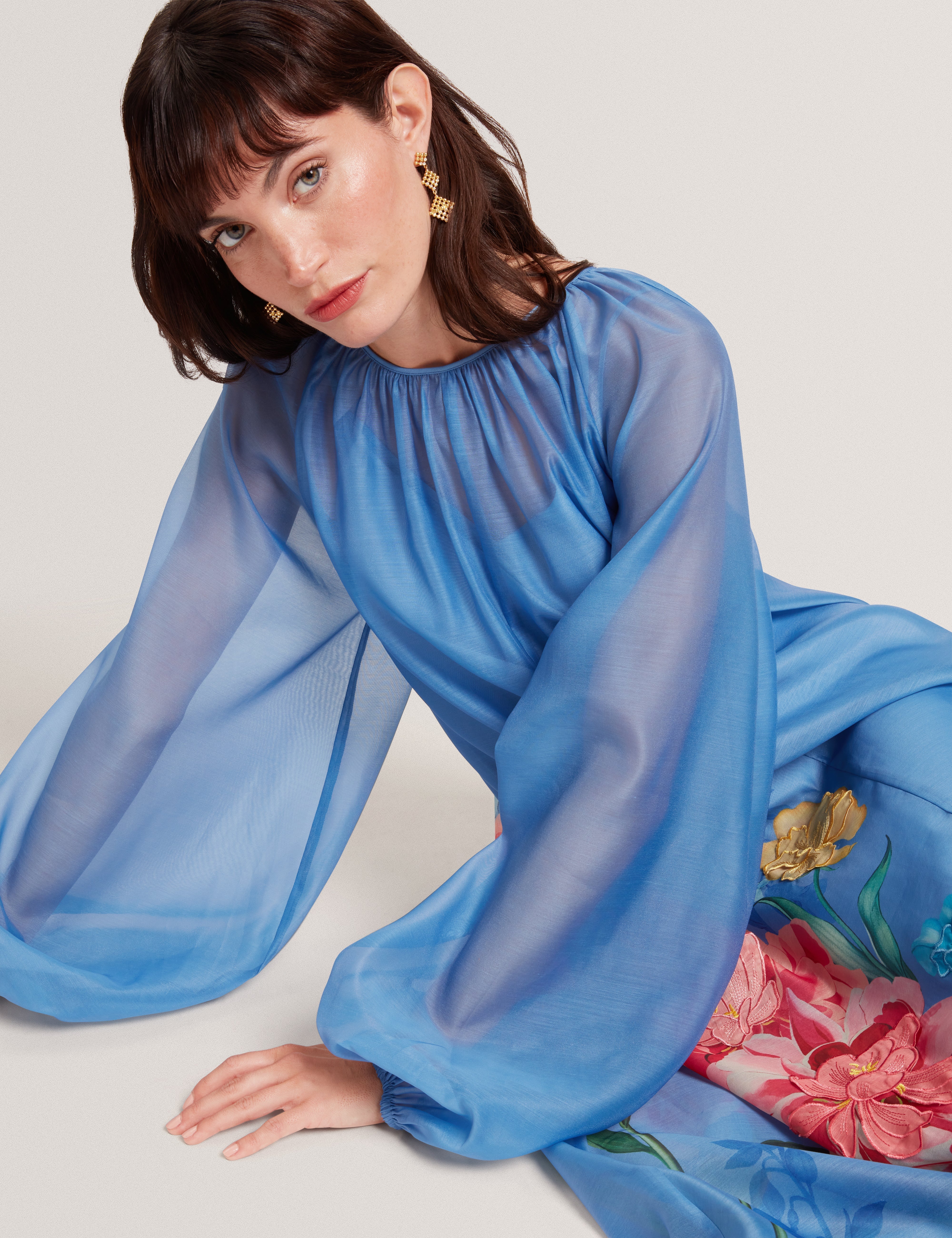 Niicoh Volume Sleeve Organza Maxi Dress Mid-Blue