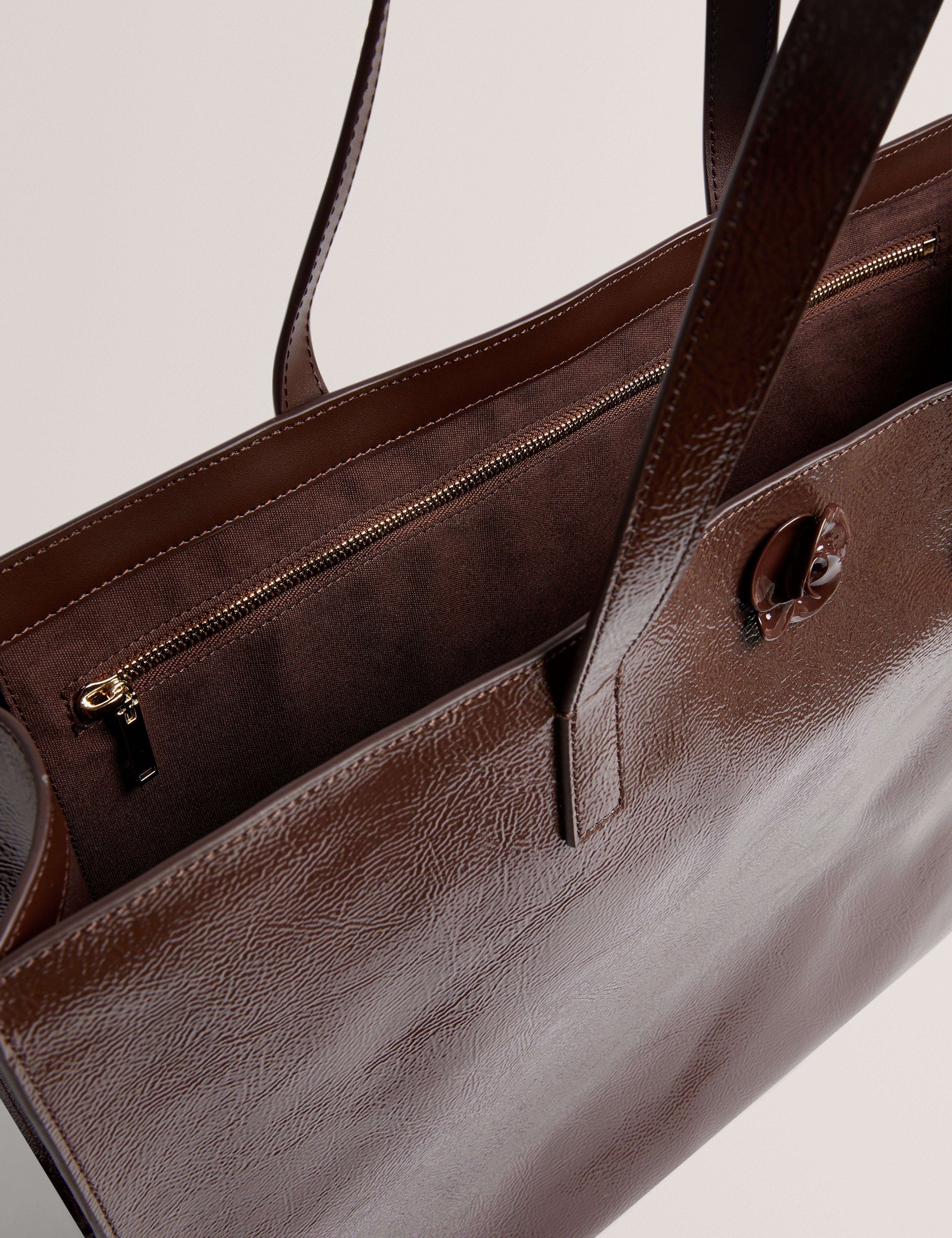 Rousah Rose Detail Tote Leather Bag Brn-Choc