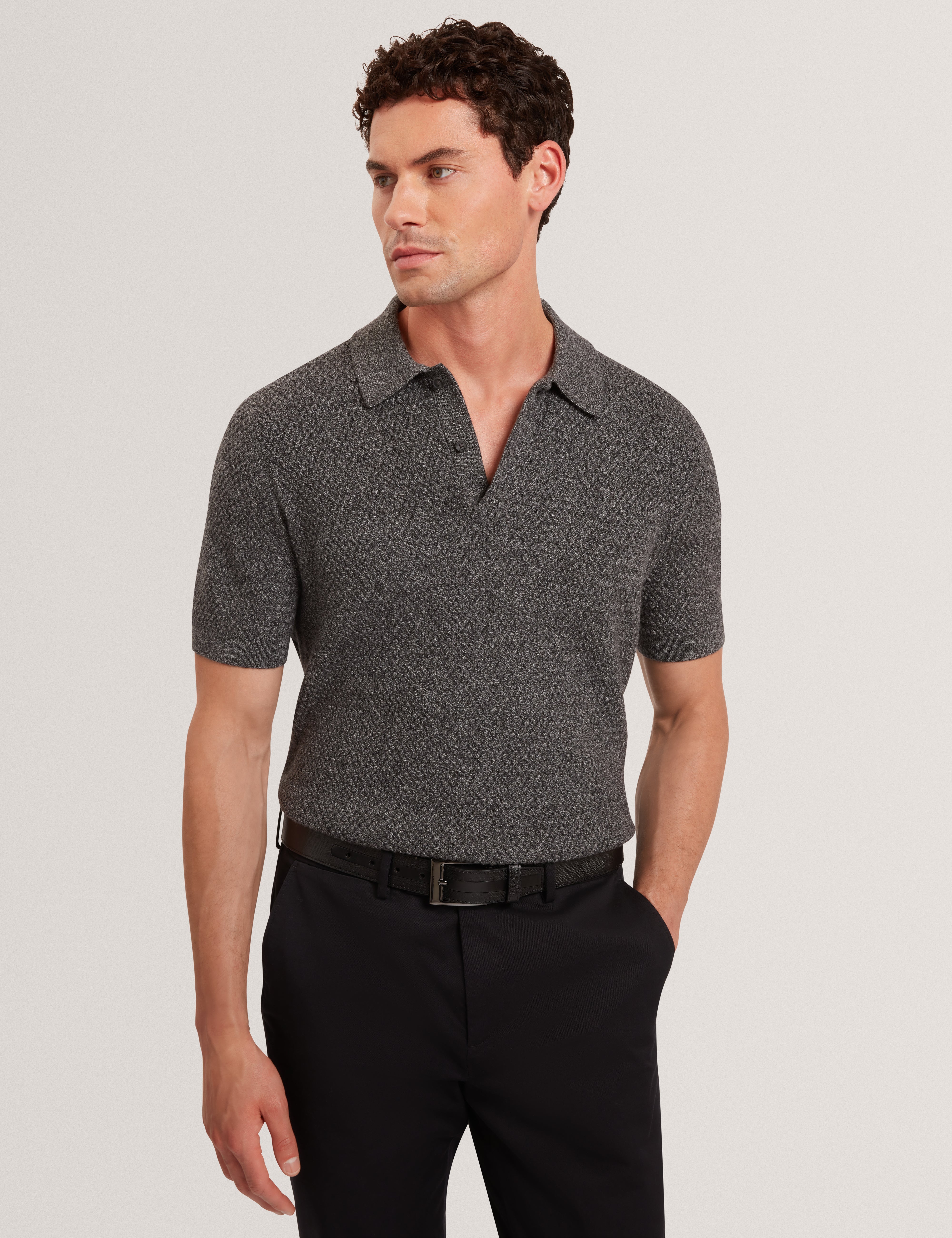 Janko Ss Textured Knit Polo Mid-Grey