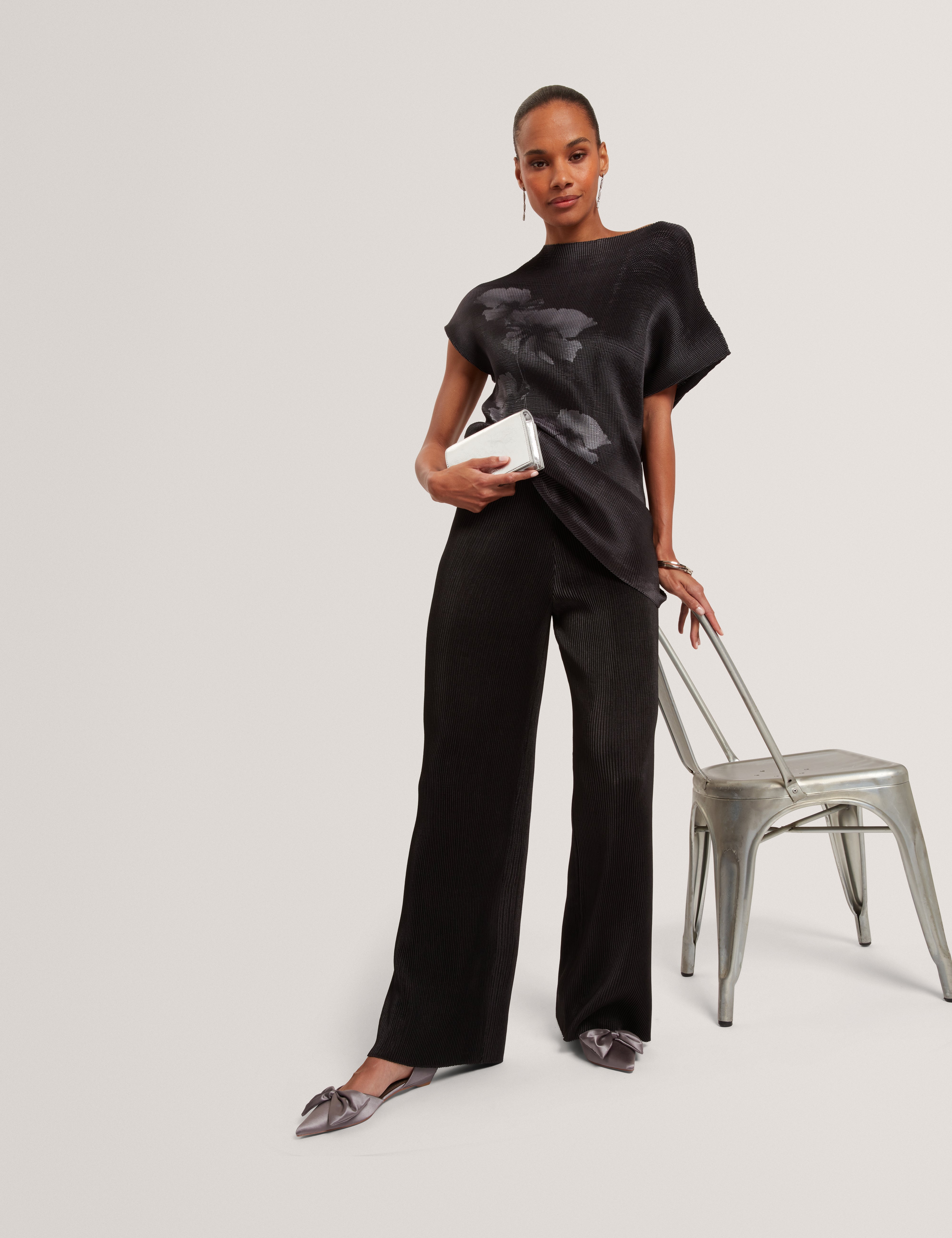 Narela Printed Wide Leg Plisse Trouser Black