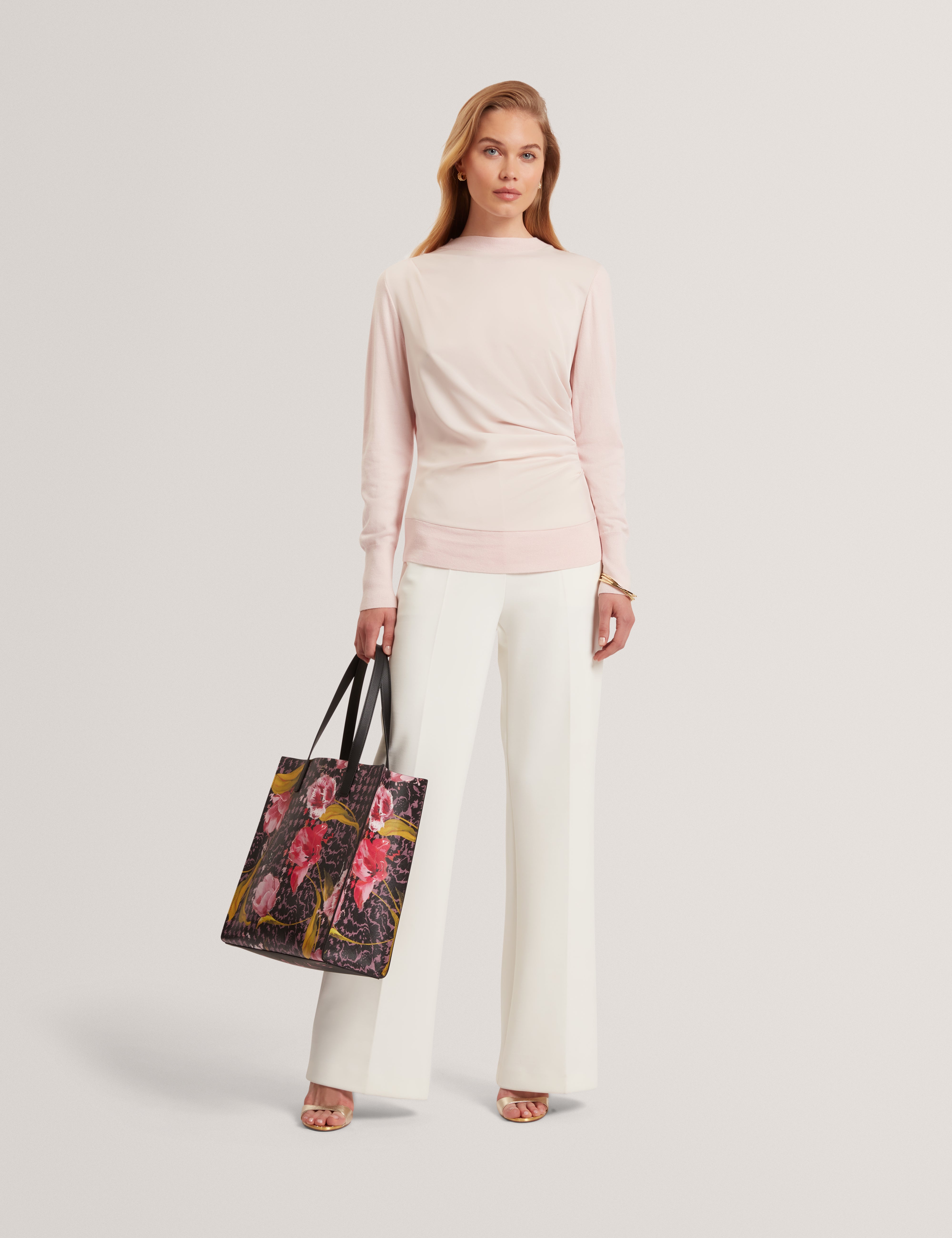 Leslay Draped Front Knitted Long Sleeve Top Pl-Pink