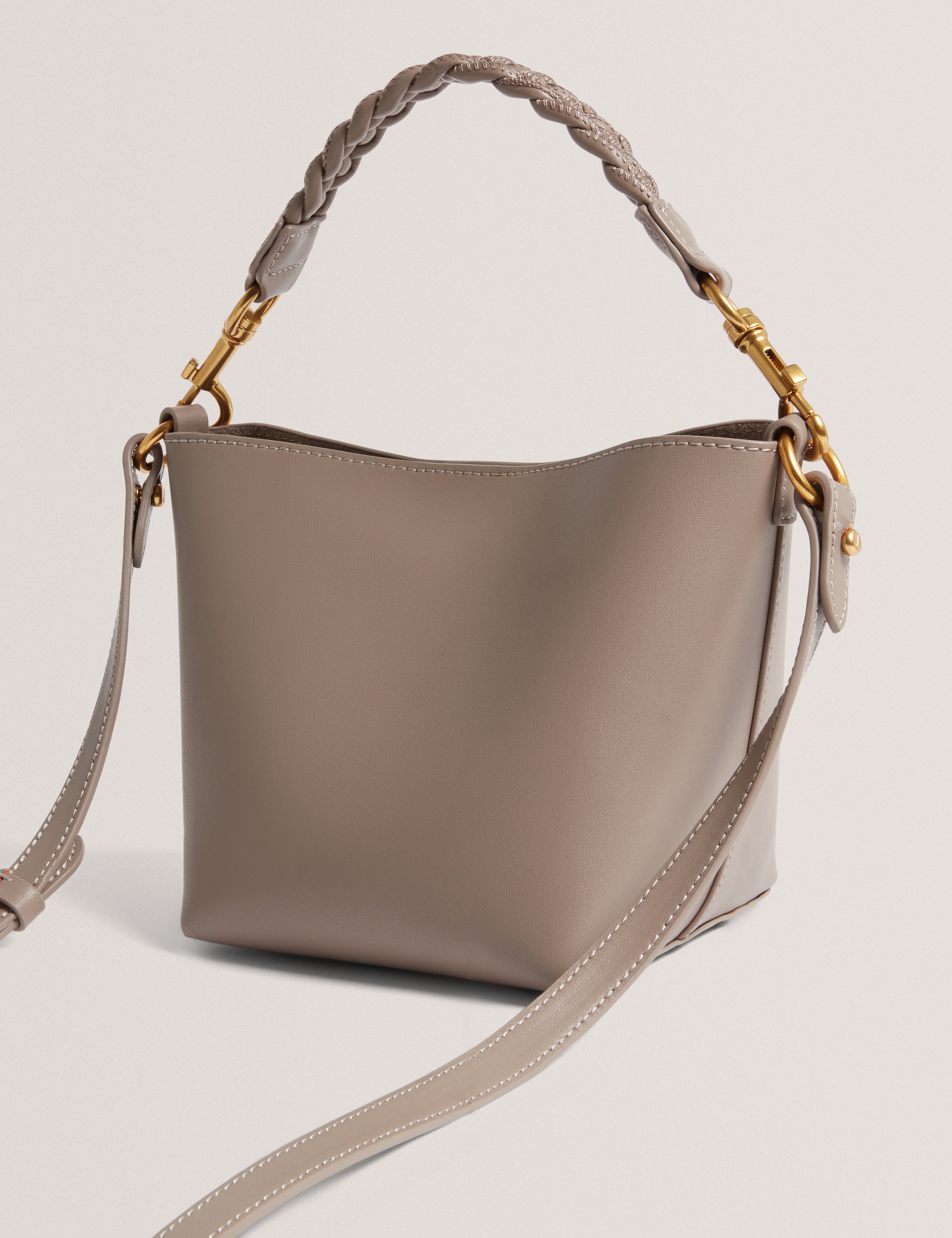 Wavely Weave Handle Leather Small Bucket Bag Taupe