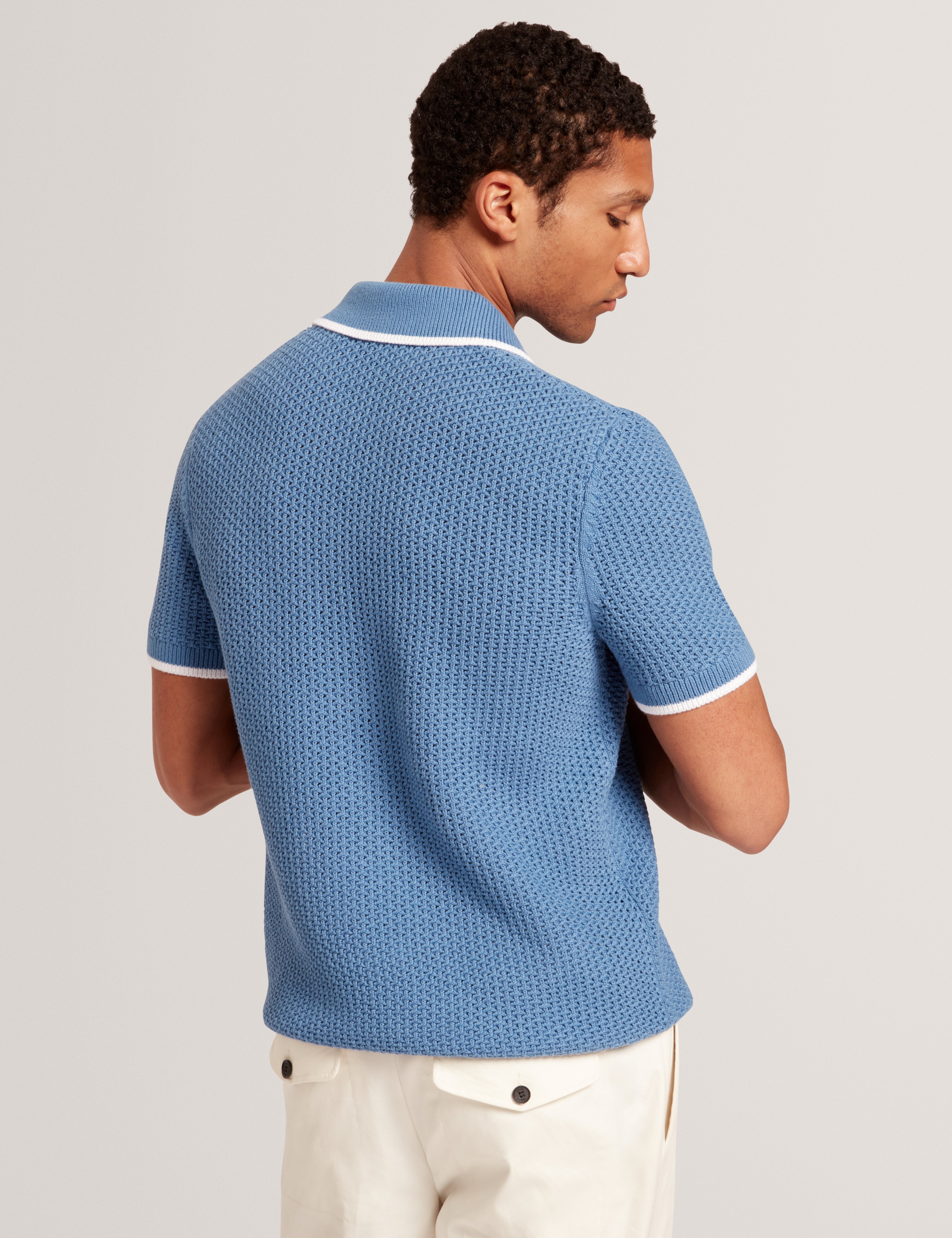 Sachair Short Sleeve Waffle Stitch Open Neck Polo Lt-Blue