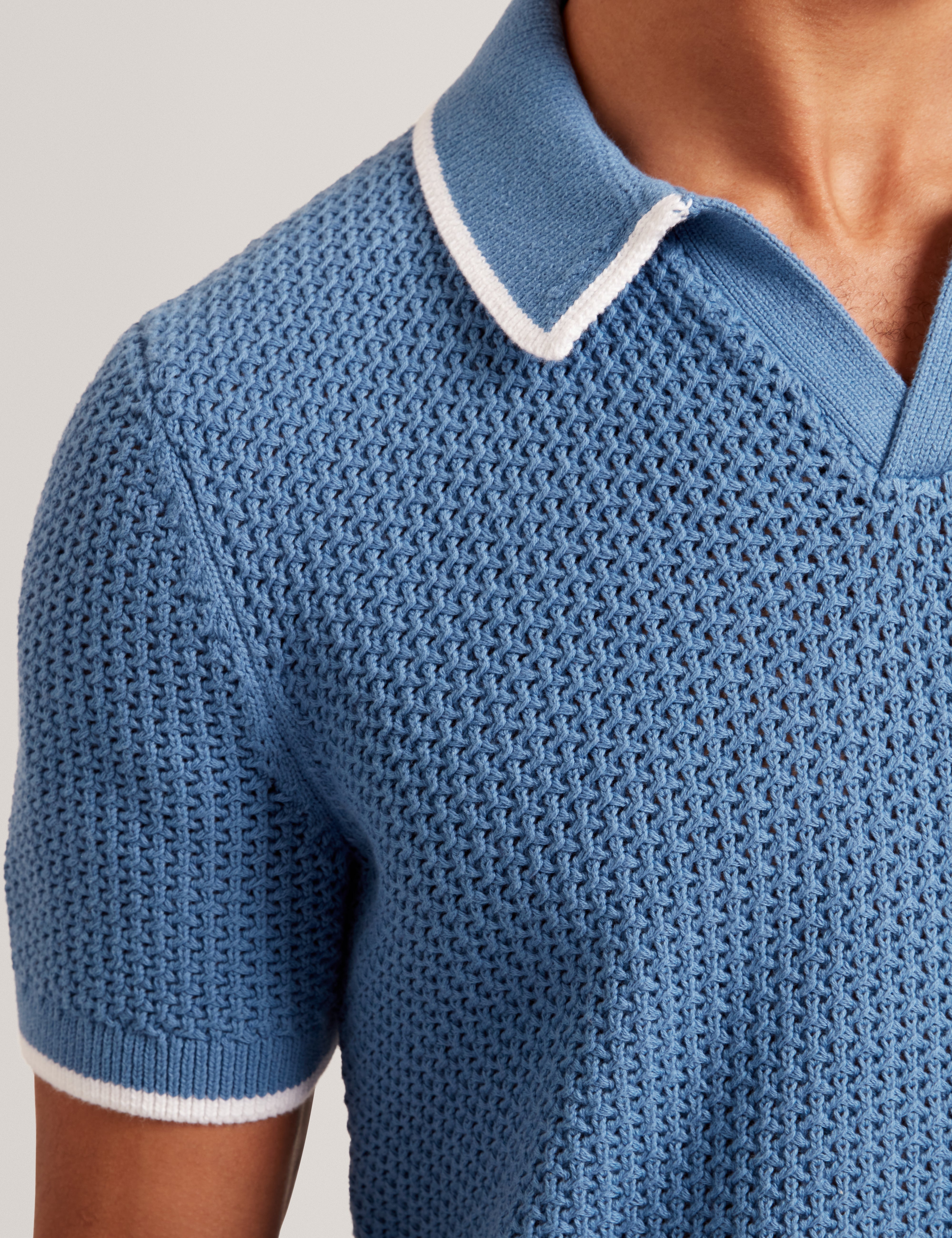 Sachair Short Sleeve Waffle Stitch Open Neck Polo Lt-Blue