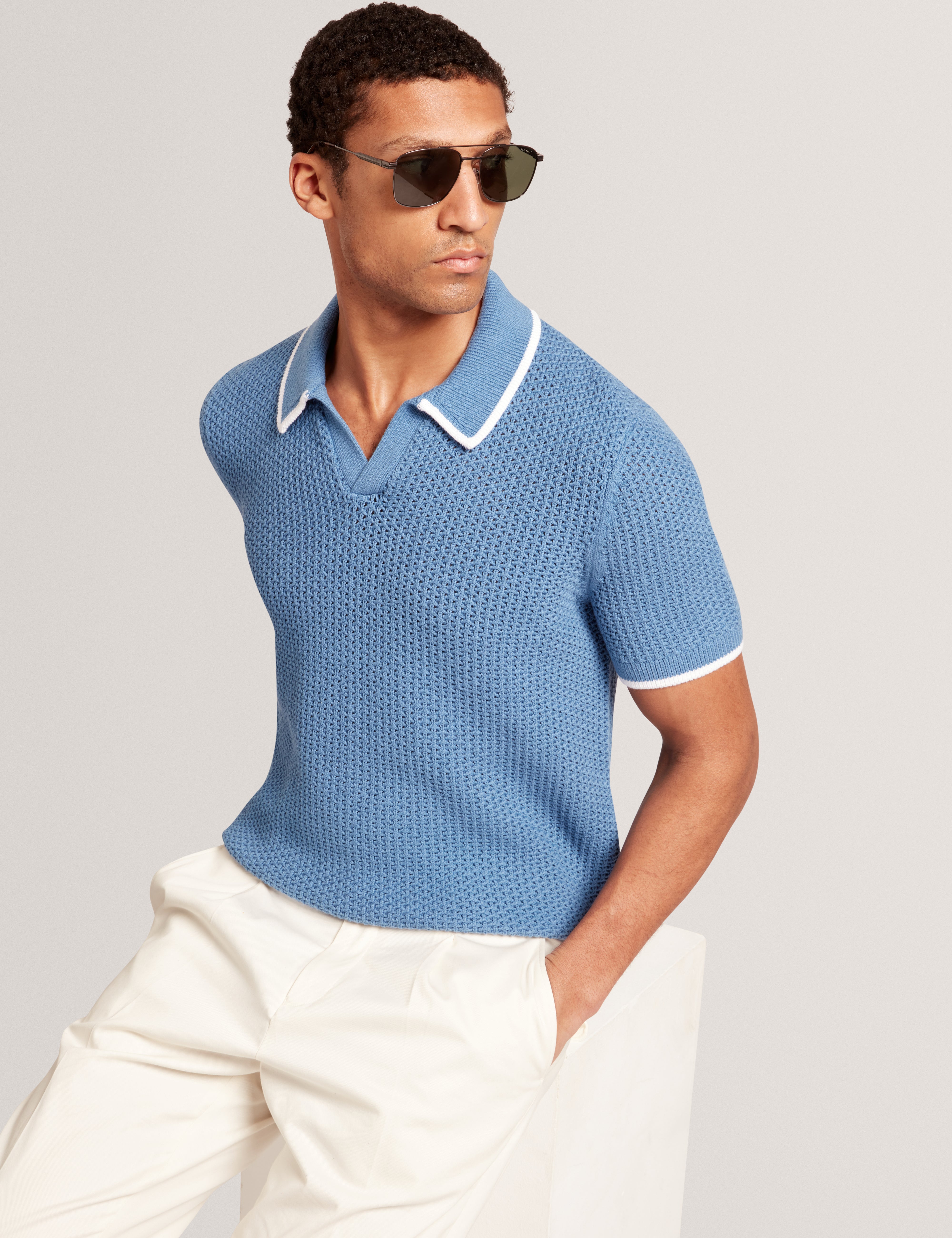 Sachair Short Sleeve Waffle Stitch Open Neck Polo Lt-Blue