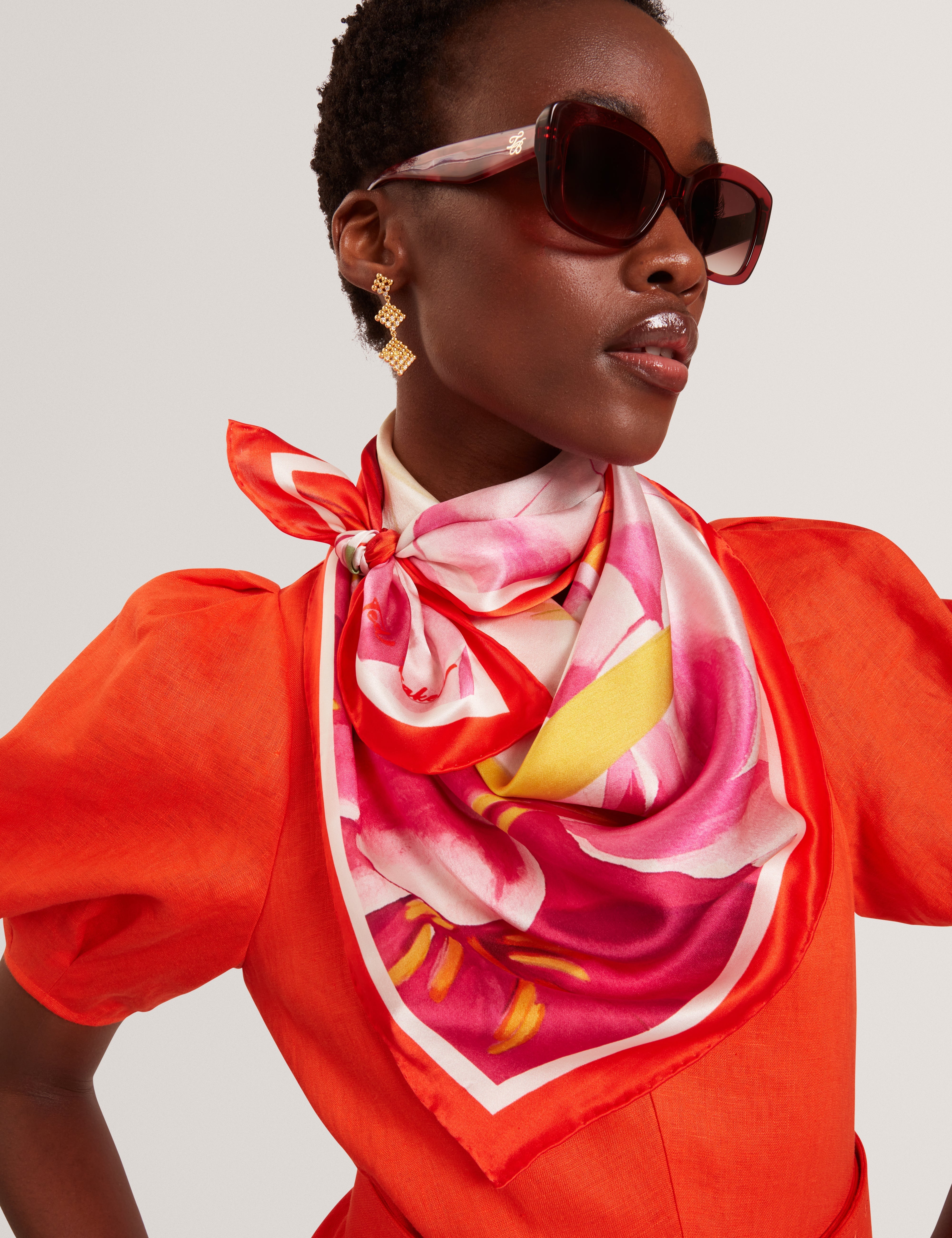 Amadia Floral Bloom Silk Square Scarf Red