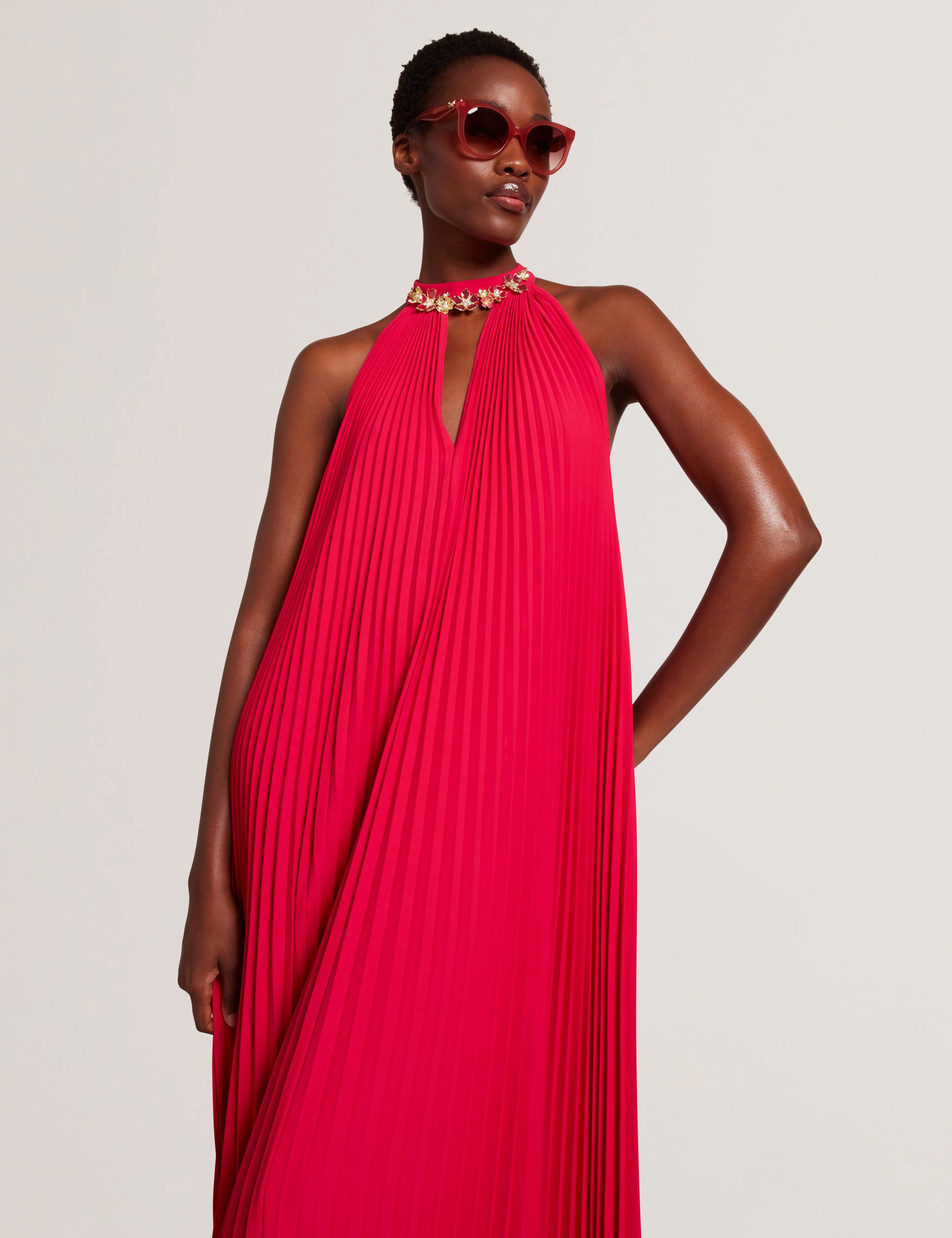 Akala Pleated V-Neck Sleeveless Maxi Dress Fuchsia