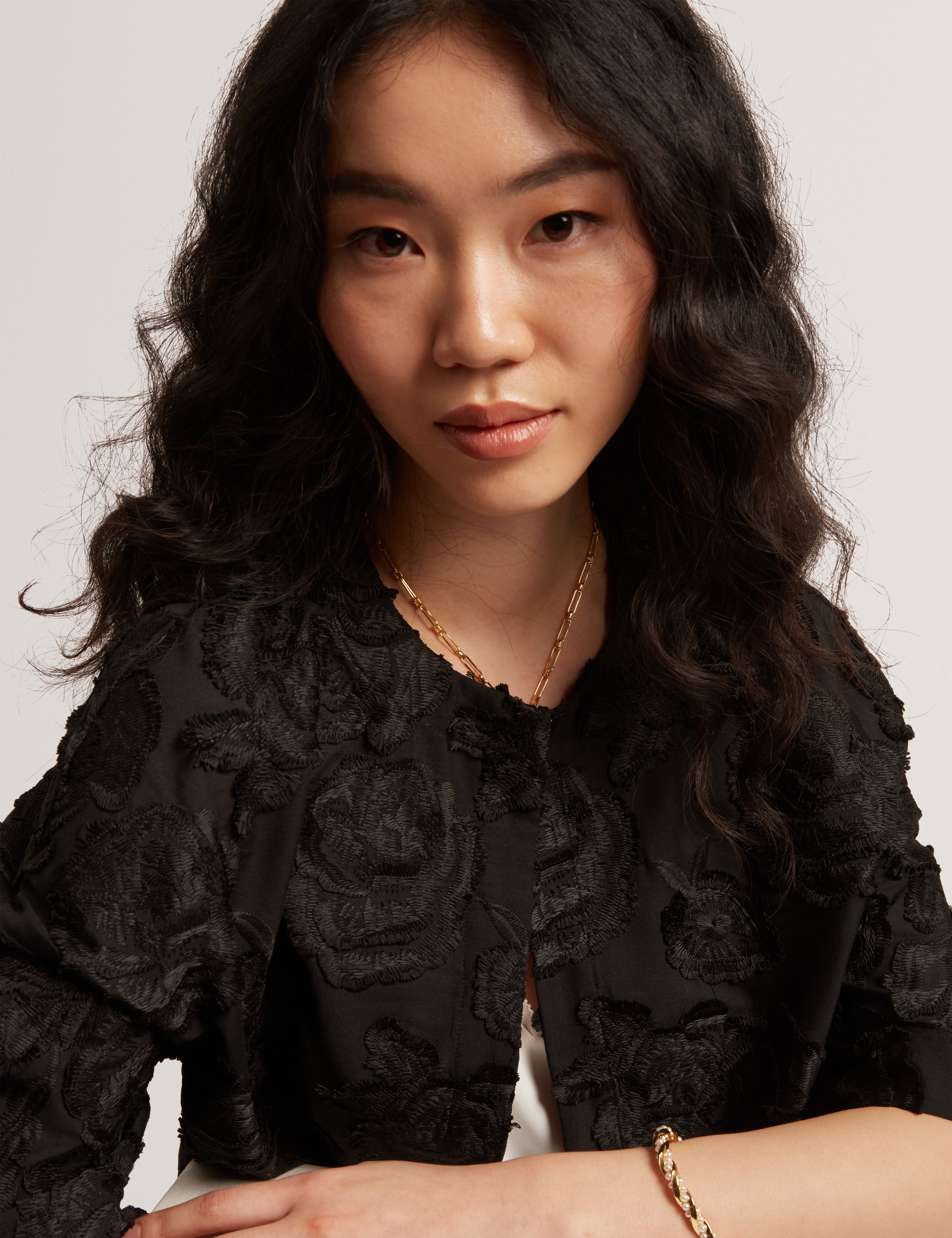 Faela Collarless Boxy Fit Cropped Jacket Black
