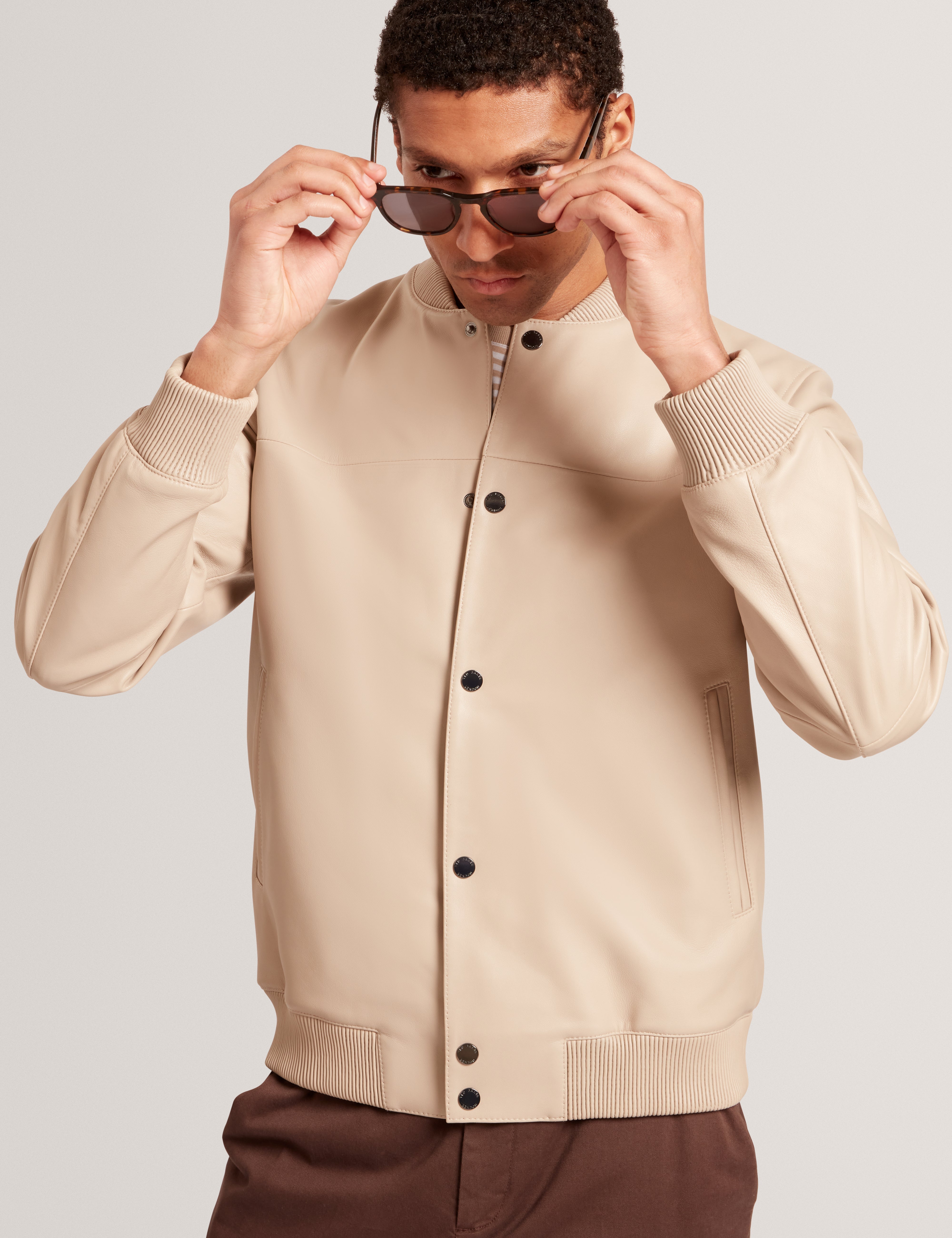 Leeams Leather Varsity Jacket Taupe