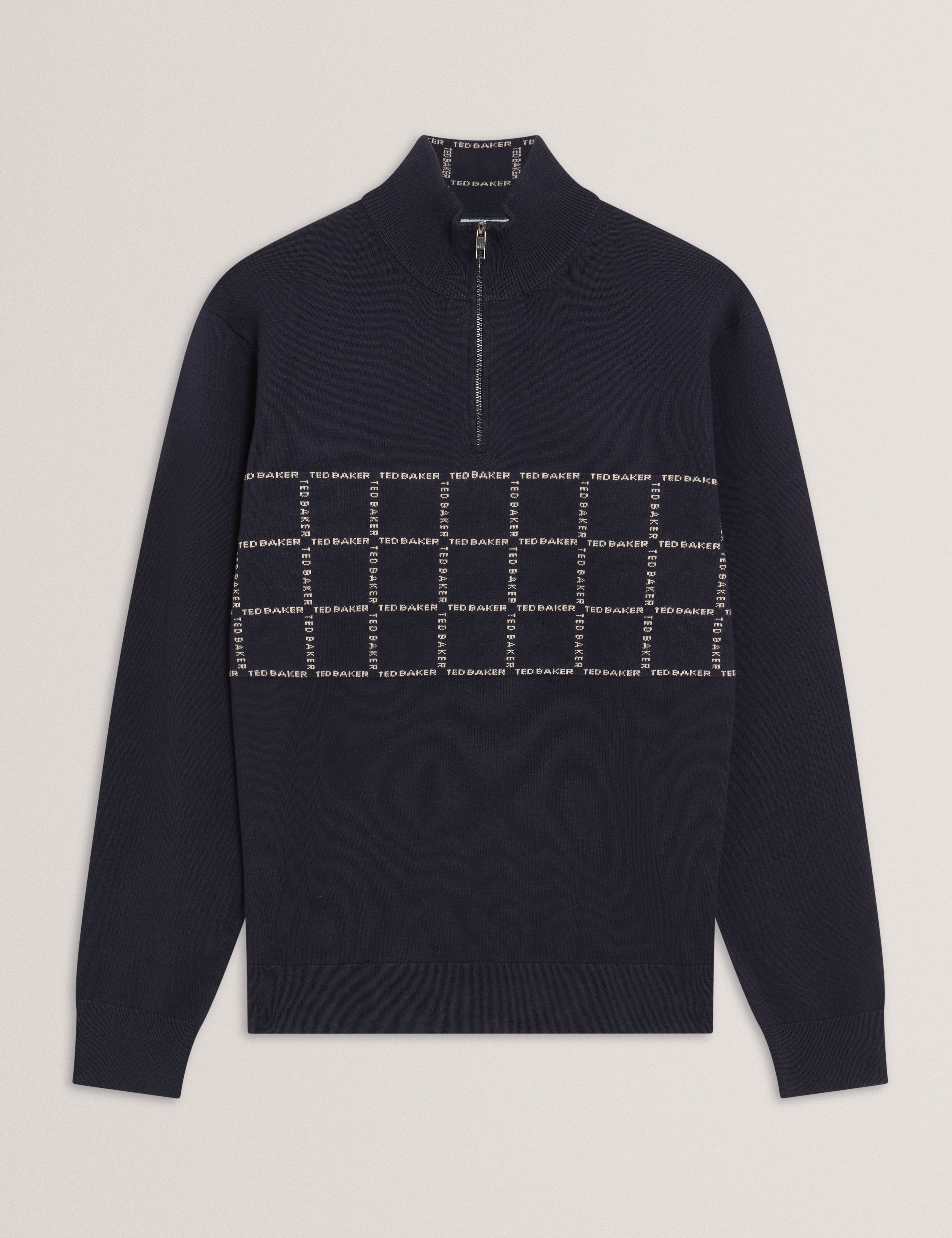Robinsn Long Sleeve Branded Check Half Zip Shirt Navy